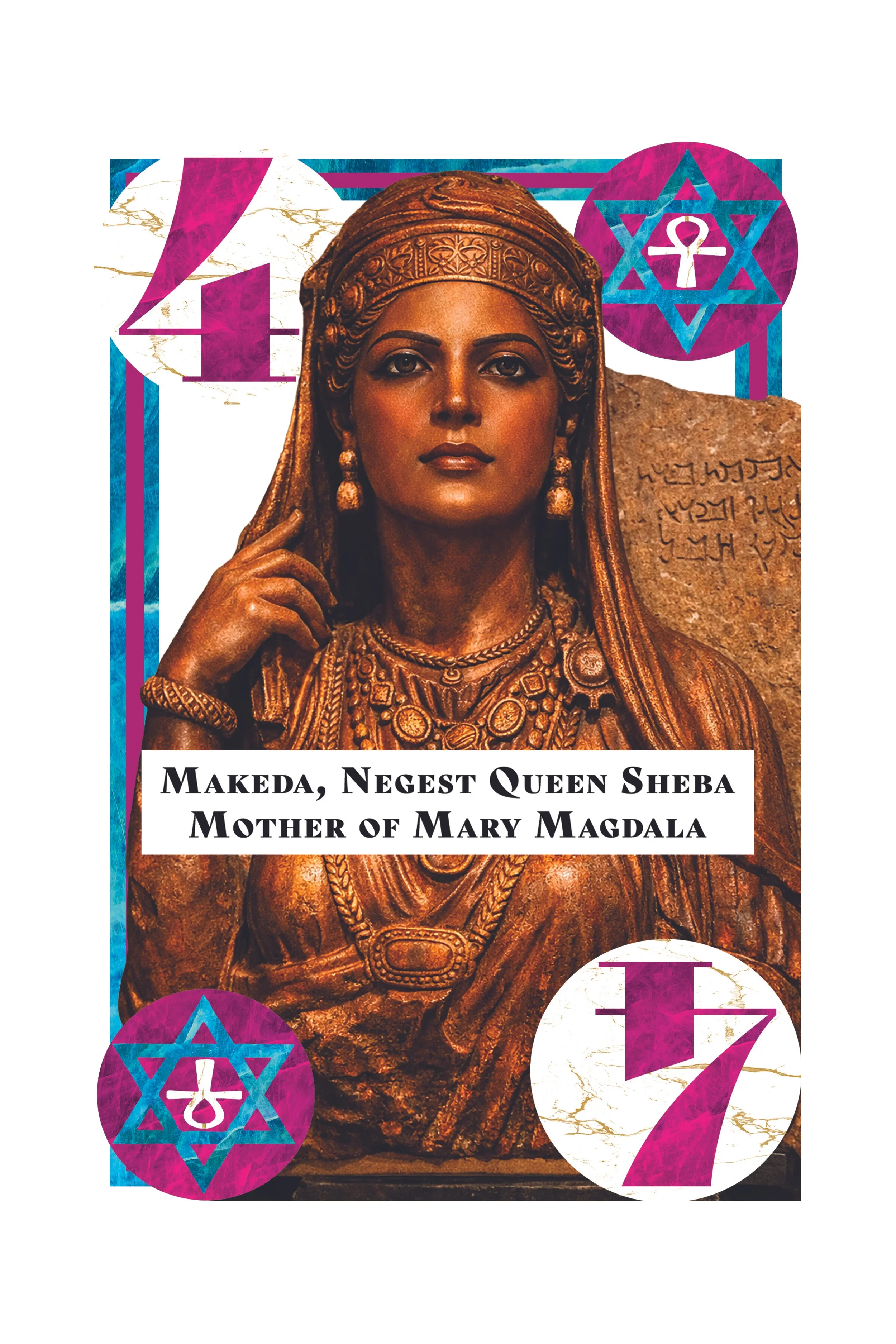 Statue of Queen Sheba with text overlay reading "Makeda, Negest Queen Sheba Mother of Mary Magdala."