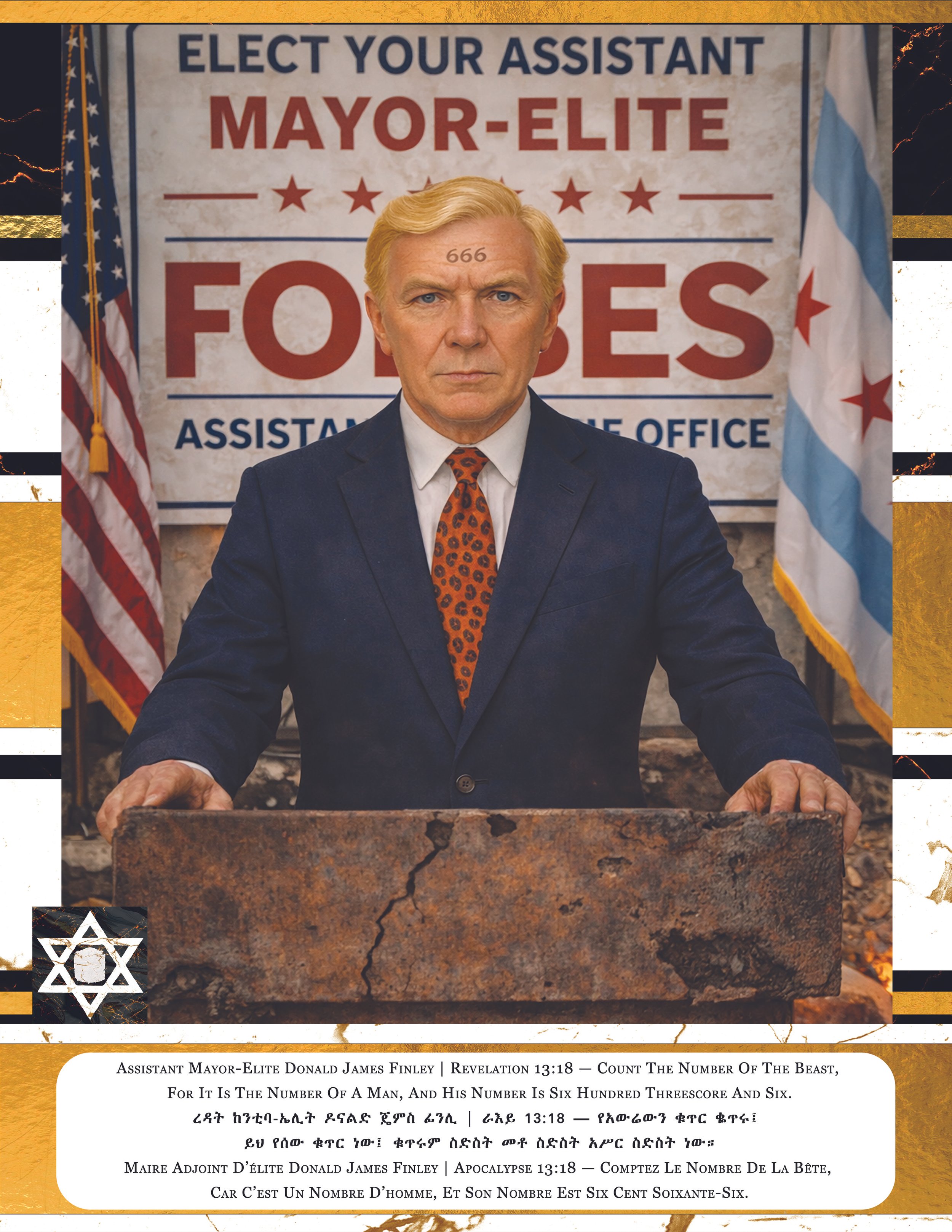 Man dressed in a suit sitting at a desk with flags of the United States and Chicago in the background, and a large sign that reads 'Elect Your Assistant Mayor-Elite'. The man has a tattoo with '666' on his forehead.