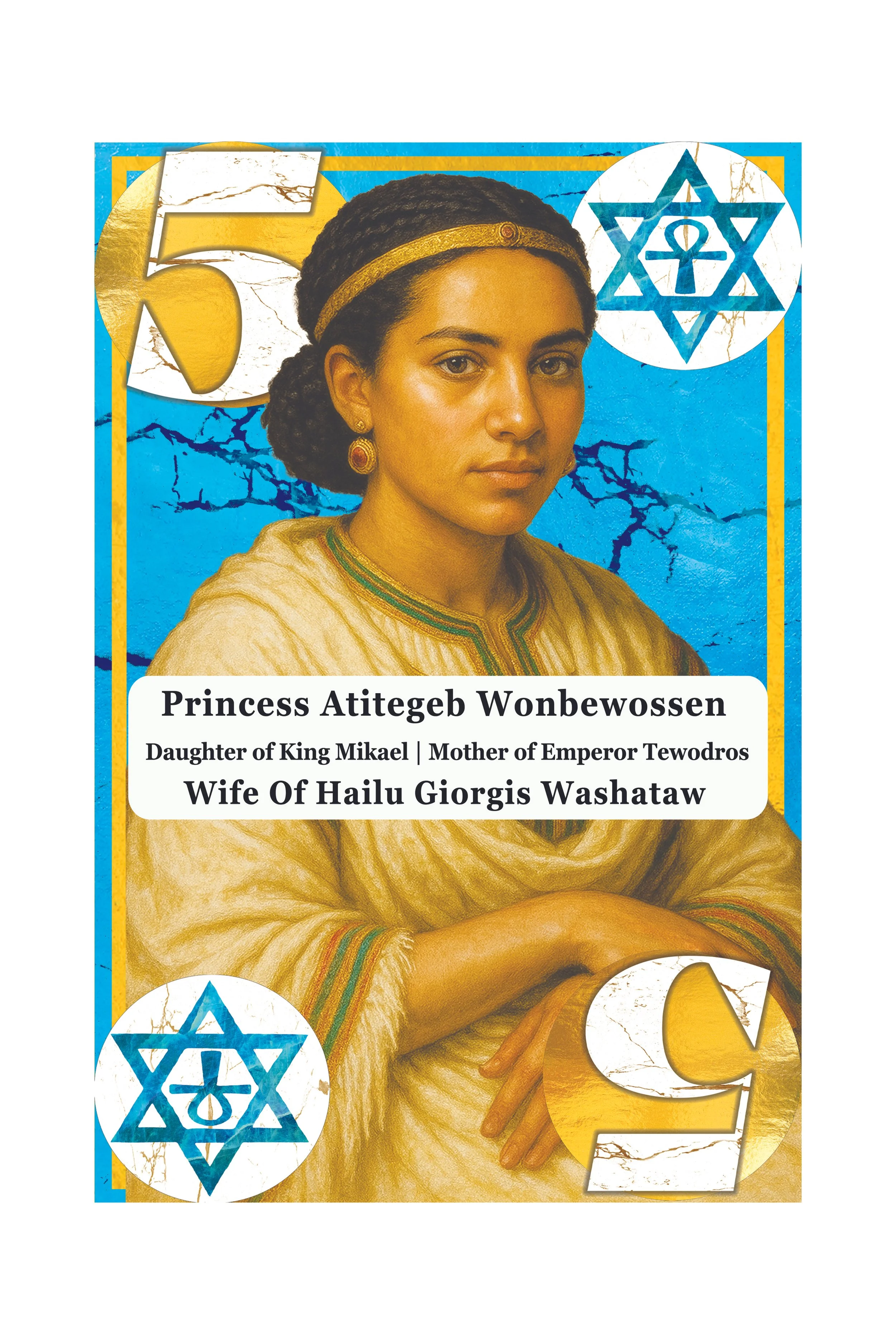 Commemorative credit card featuring an African woman in traditional attire, with symbols of the Star of David and text highlighting Princess Atitegeb Wonbewossen, daughter of King Mikael, mother of Emperor Tewodros, and wife of Hailu Gorgis Washata.
