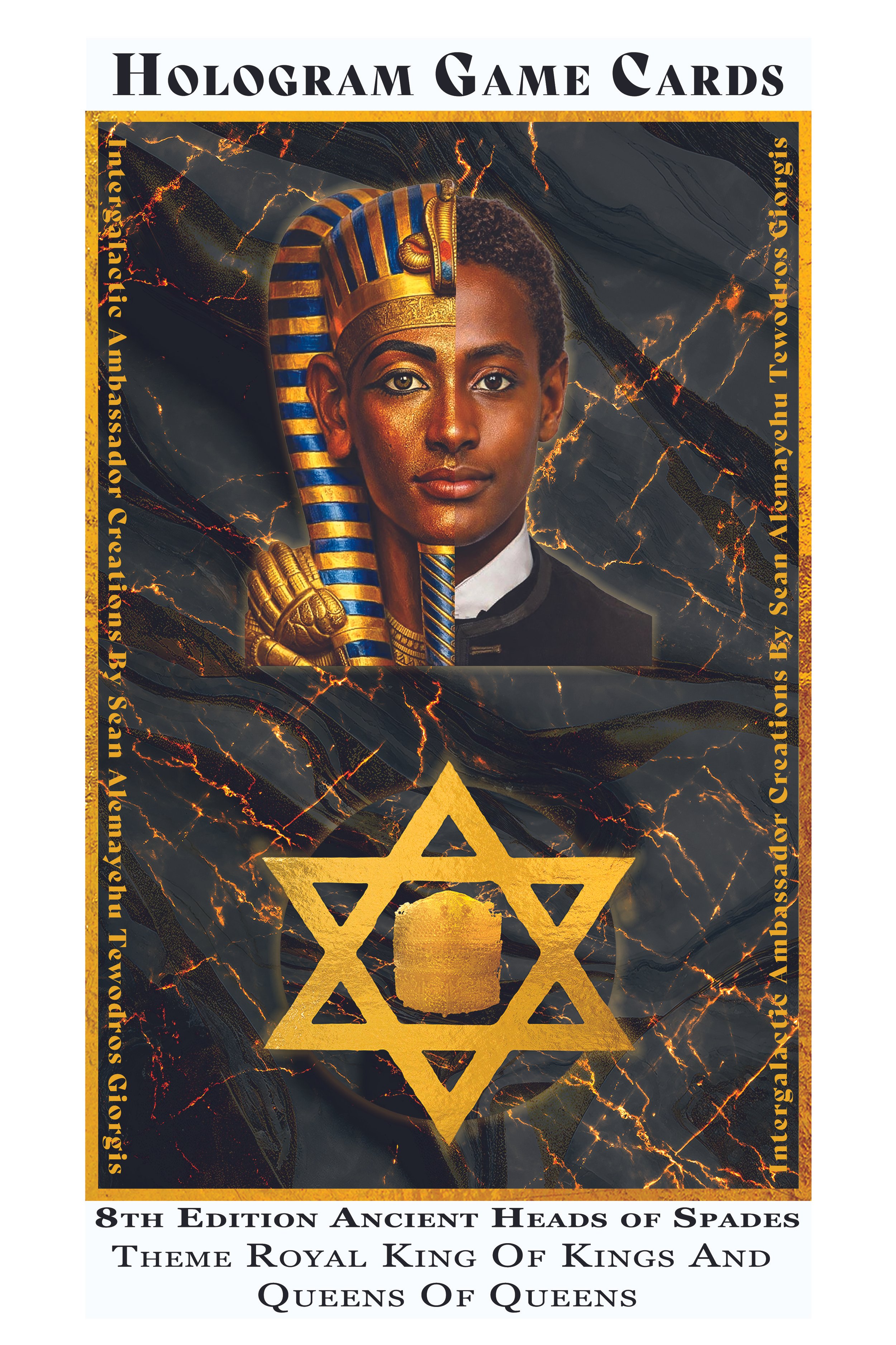 A deck of hologram game cards titled "Ancient Heads of Spades" featuring a split image of a woman and an Egyptian pharaoh in the center, with a black marble background and gold accents, including a large gold star of David at the bottom.