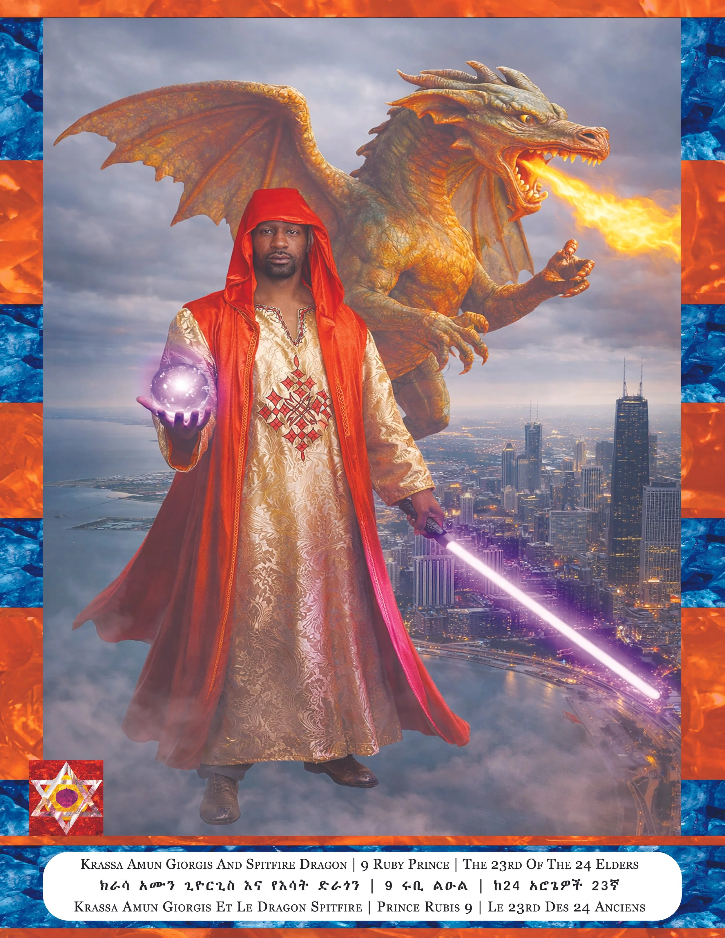 A fantasy scene showing a man dressed in ornate robes with a hood holding a glowing purple orb in his right hand, standing in front of a large dragon breathing fire over a city skyline with stormy skies. The image has a decorative border with blue an