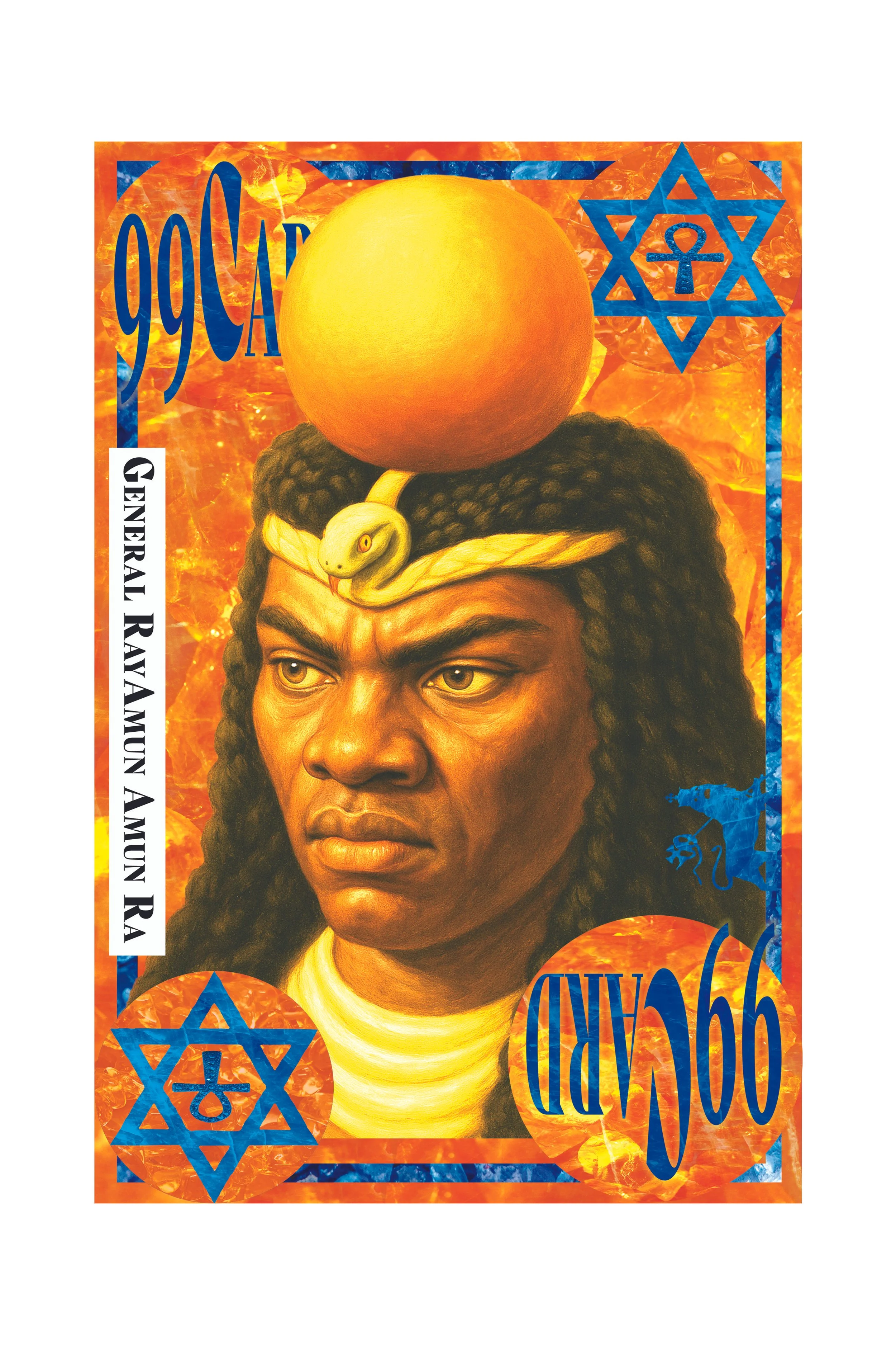 A colorful collage of a person with dreadlocks, featuring a large yellow orb on their forehead, surrounded by fiery orange and blue geometric patterns, with text that reads '1966' and 'YAHOO'.