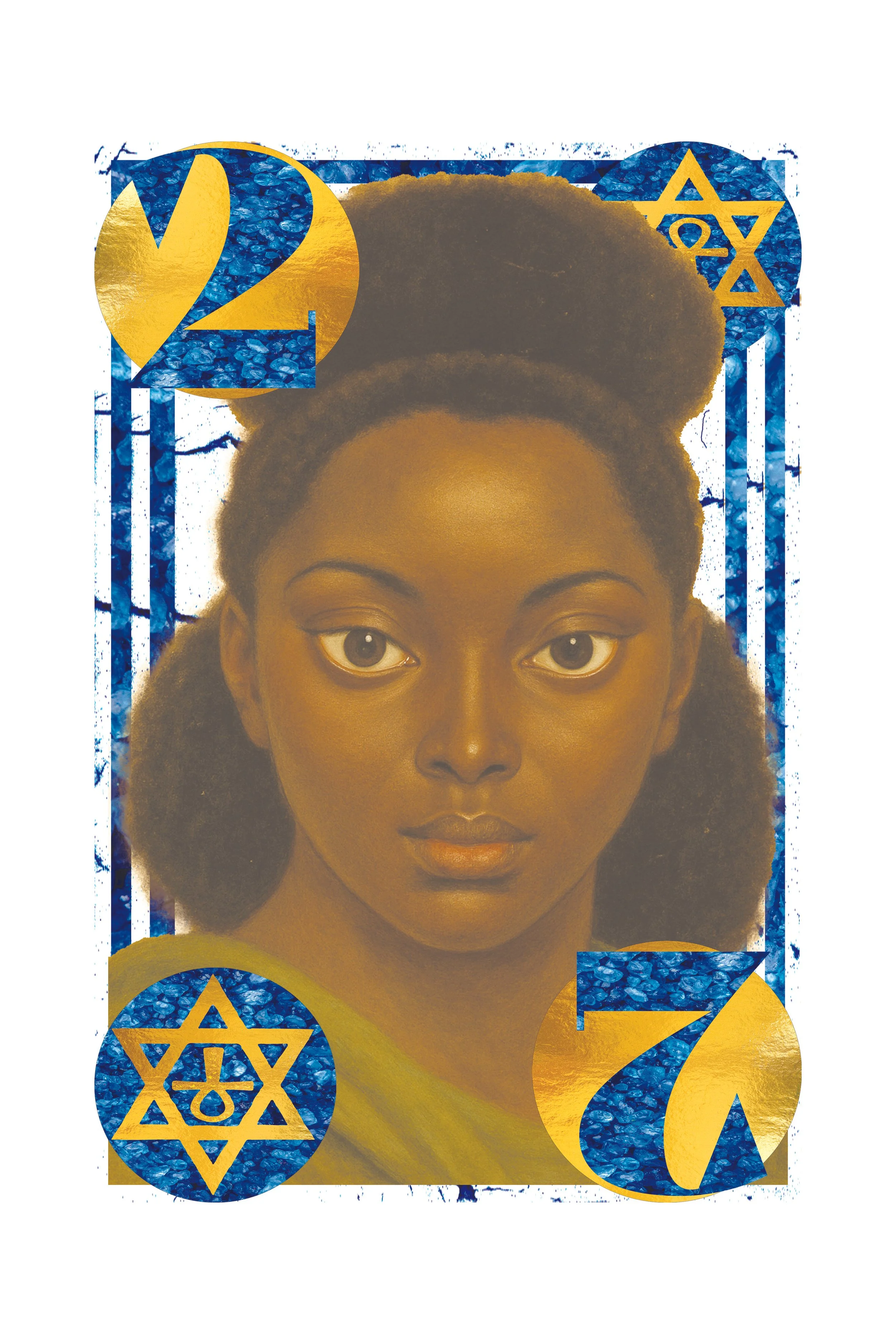 A stylized illustration of a woman with dark skin, natural hair, and brown eyes, with a background featuring blue and gold symbols, including the Star of David, the number 2, and the number 7.