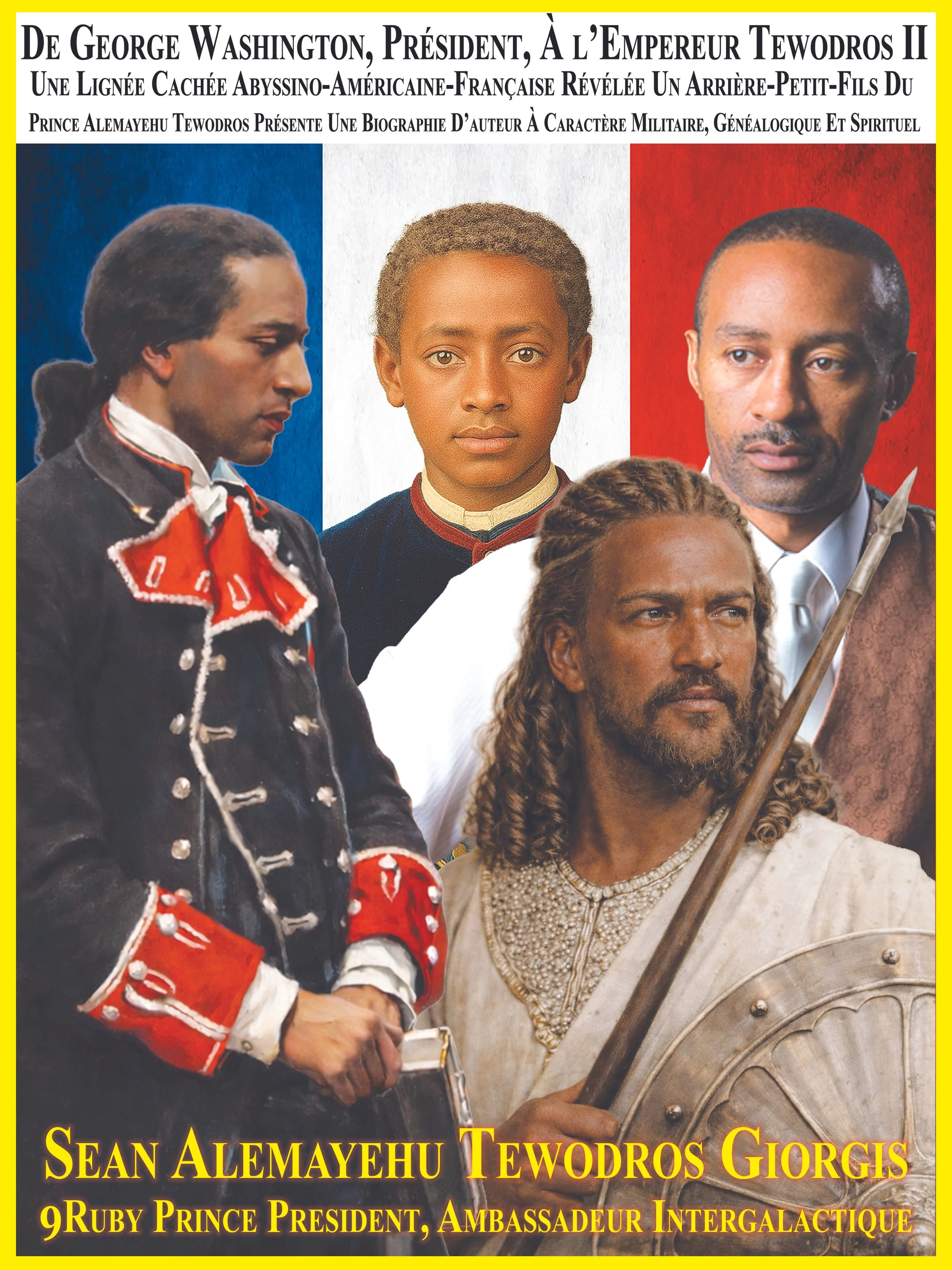 Poster featuring images of historical figures, including a woman in a military uniform, a man in a white robe with ornate jewelry, and another man holding a spear, set against backgrounds of the French flag colors, with French and Greek text.