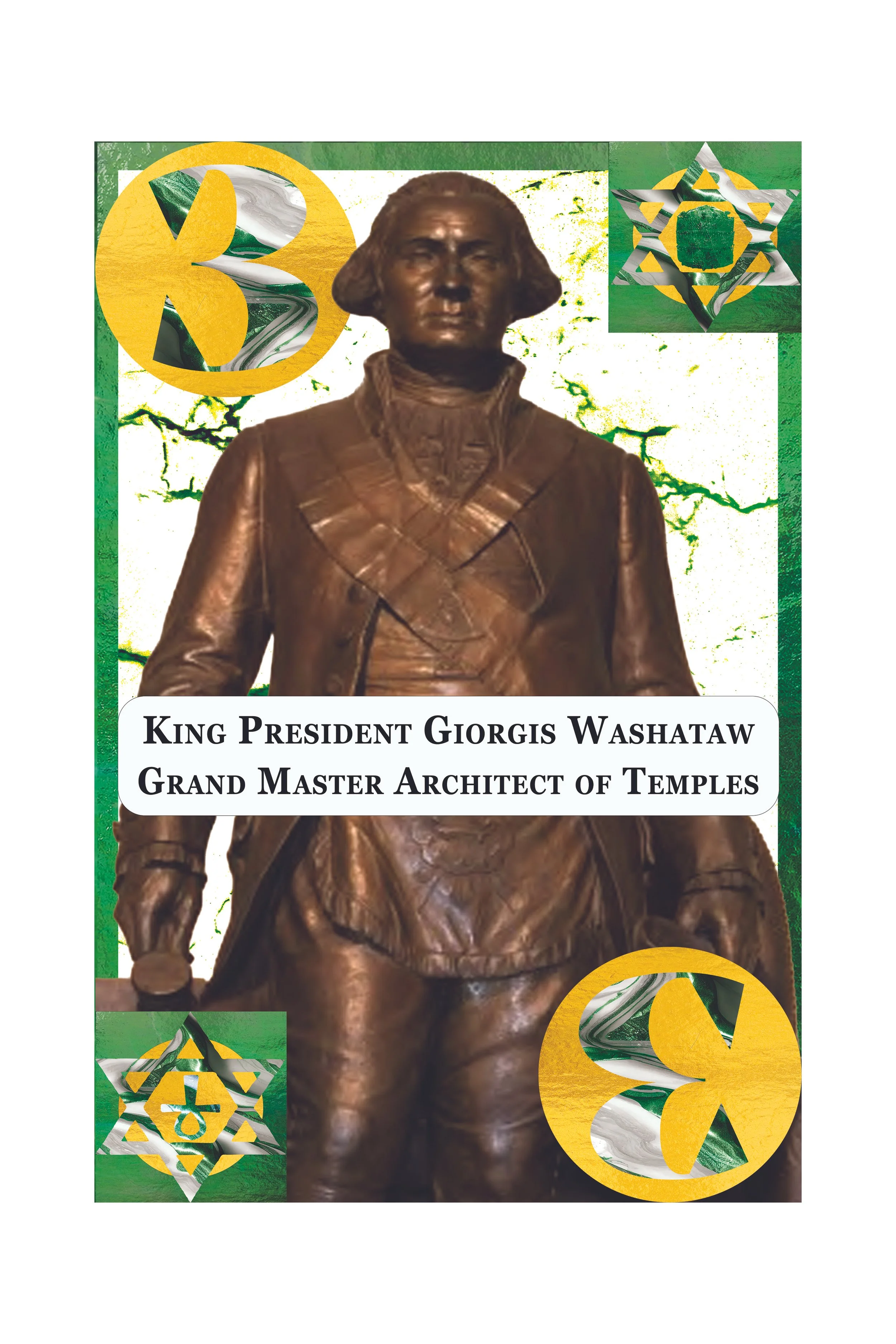 Statue of King President Giorgis Washatw, a grand master architect of temples, with decorative geometric and symbolic patterns in green, yellow, and white surrounding him.