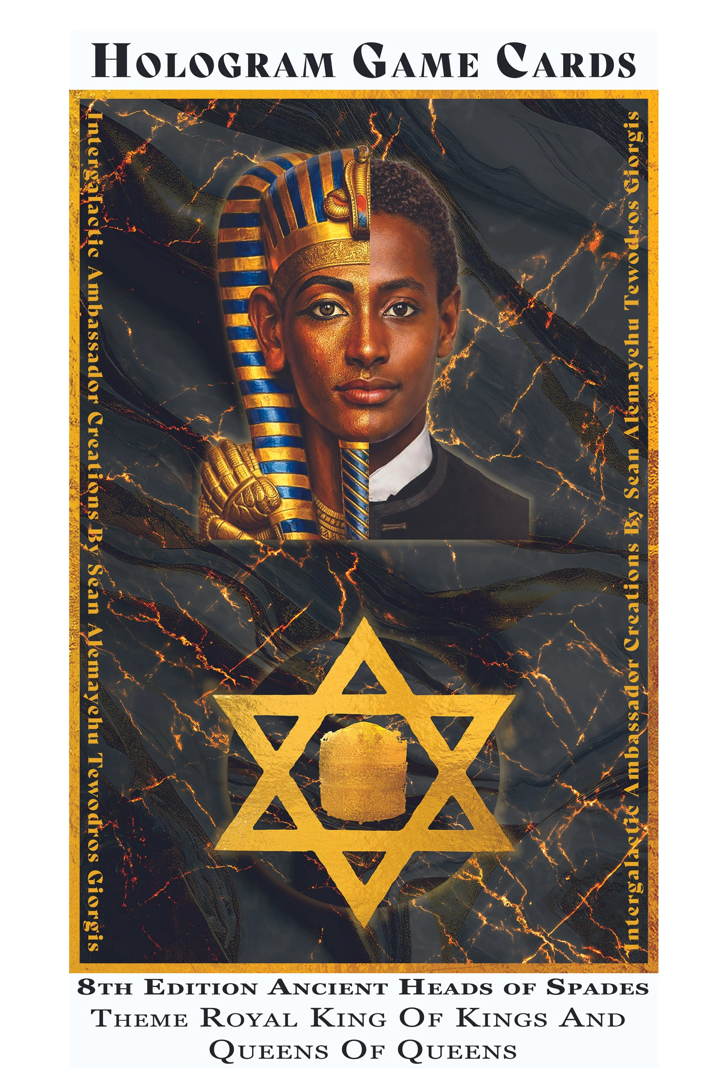 A cover of a deck of hologram game cards featuring an Egyptian queen and a Star of David symbol, with a dark marbled background with orange lightning streaks and gold accents, titled 'Hologram Game Cards' and describing it as the 8th edition of ancient heads of spades, themed Royal King of Kings and Queens of Queens.