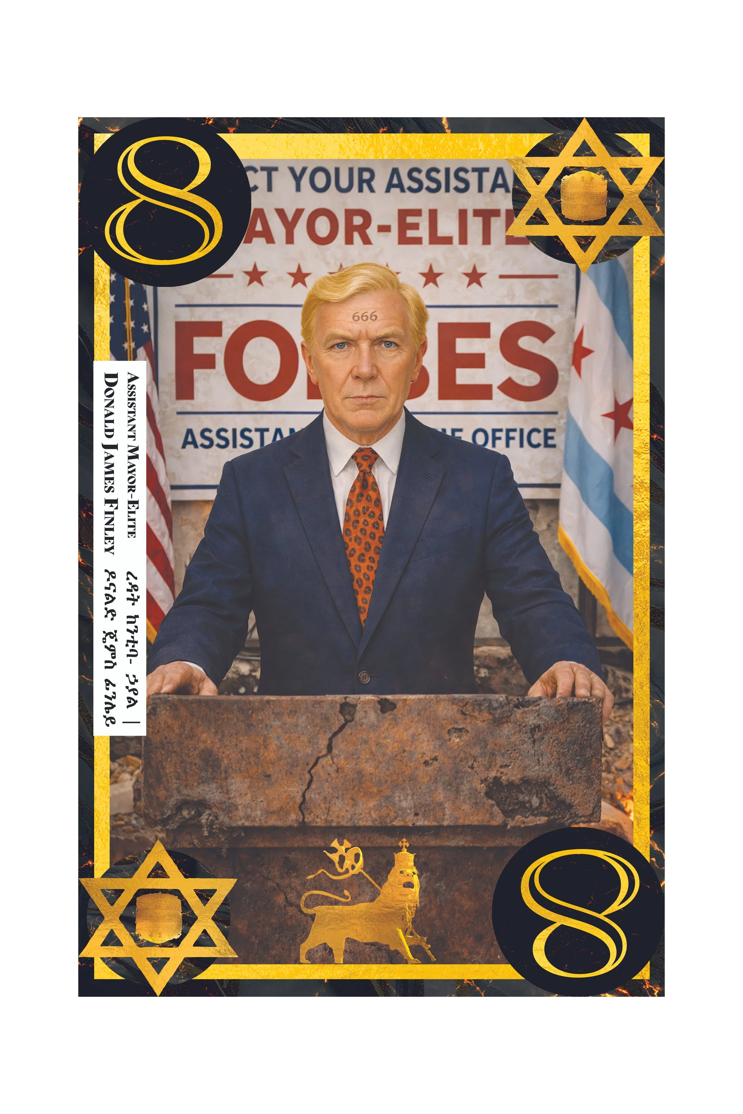 A man with blonde hair and a serious expression standing behind a stone podium with a crack. The background features a sign that reads 'Apply for Mayor-Elite' and flags. The image has decorative symbols of stars, snakes, and geometric shapes in gold 