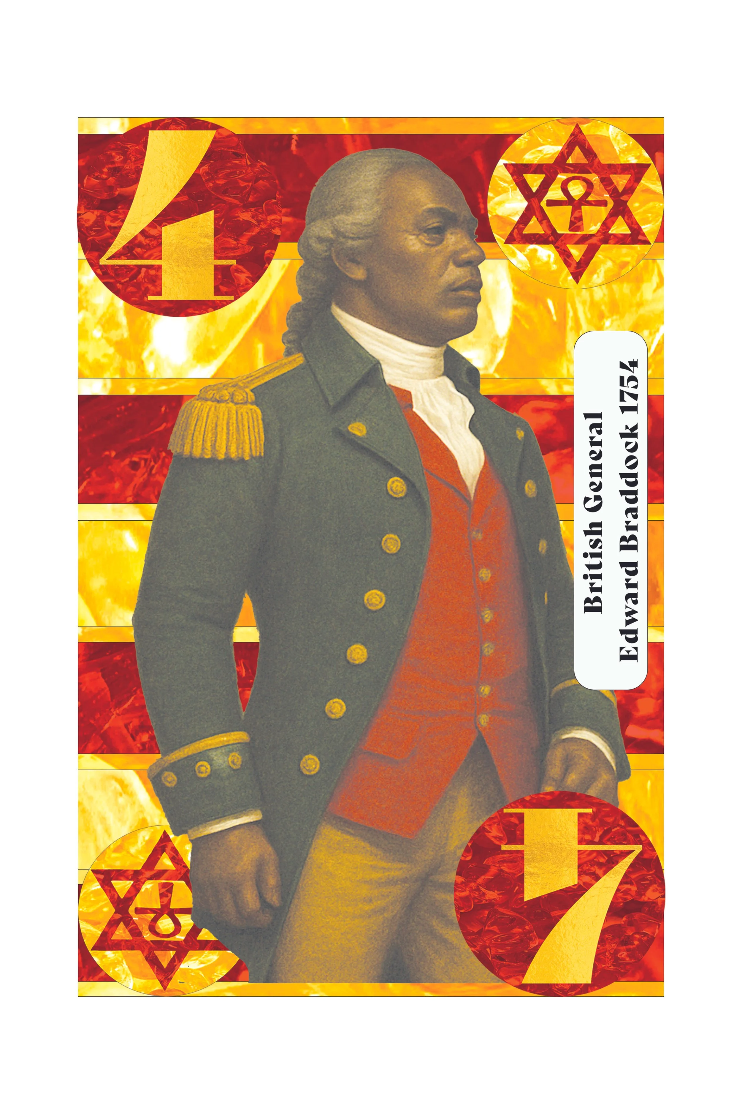 Historical illustration of British General Edward Bradock from 1754, featuring a military uniform with gold epaulets, red and green coat, and background with flames and symbols.