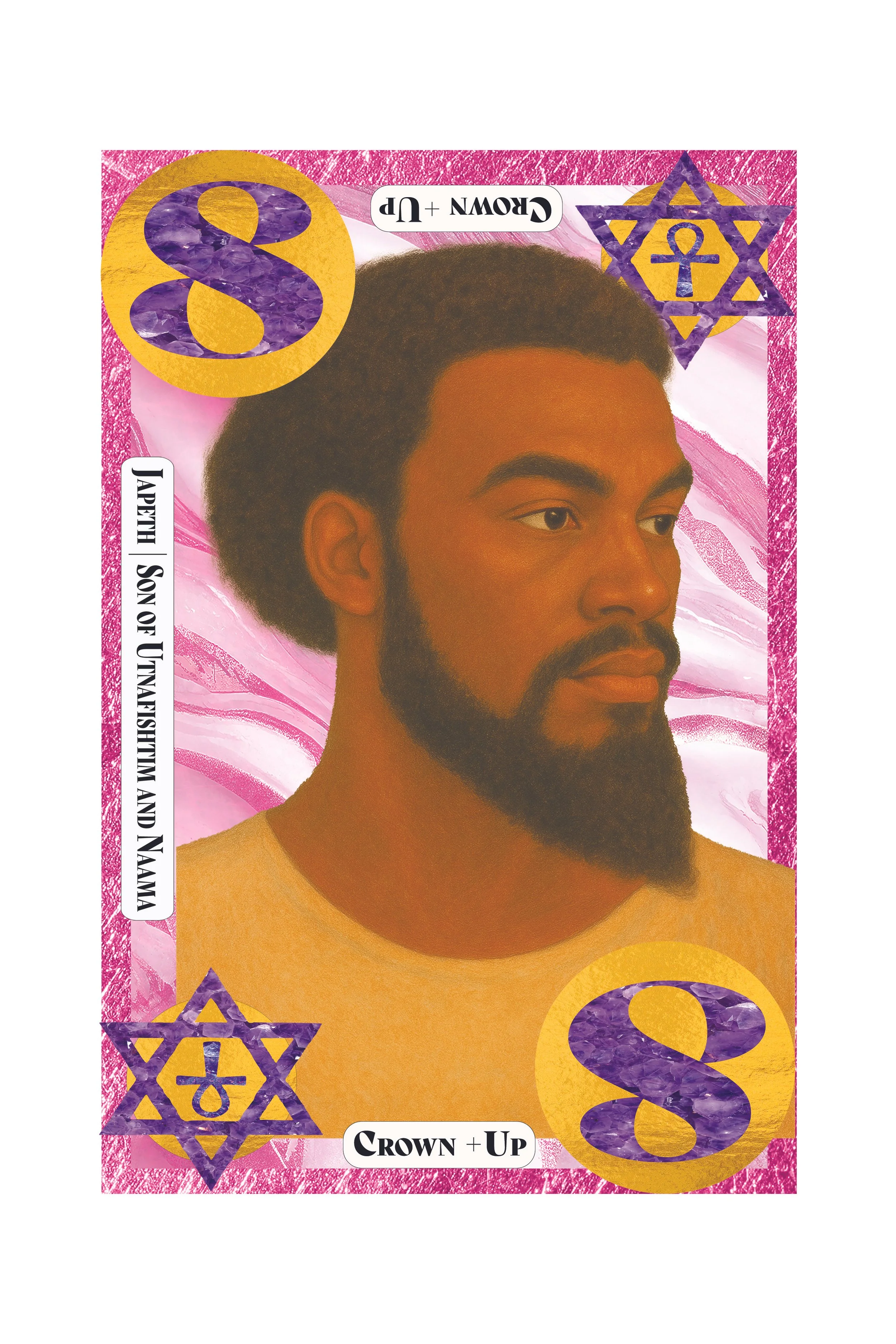 Colorful playing card featuring a stylized portrait of a man with dark hair and a beard, surrounded by purple and gold star and dollar sign graphics, with text reading "JAPANESE SON OF UMENSHI AND NAMWA" and "CROWN + UP".