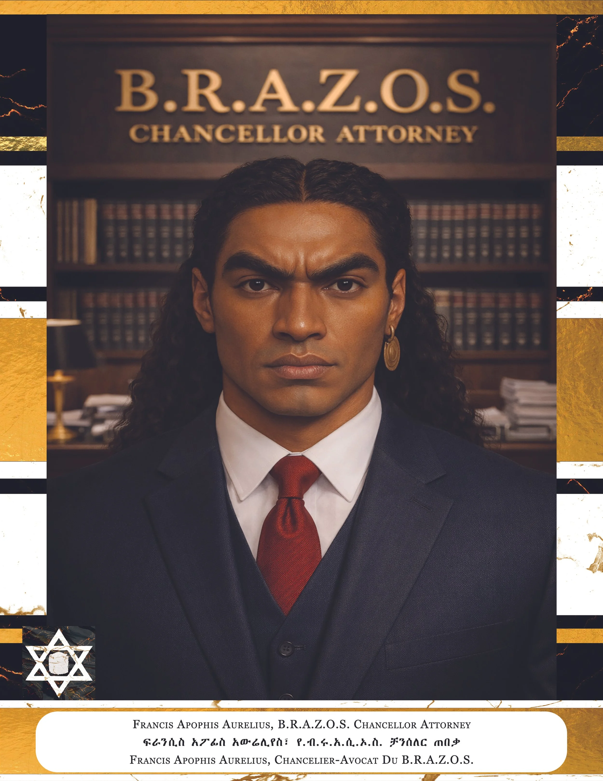 A person in a dark suit and red tie in front of a bookshelf with legal books. Behind them is a sign that reads 'B.R.A.Z.O.S. Chancellor Attorney.' The lower part of the image displays a nameplate with the name Francis Apophis Aurelius, and the title 