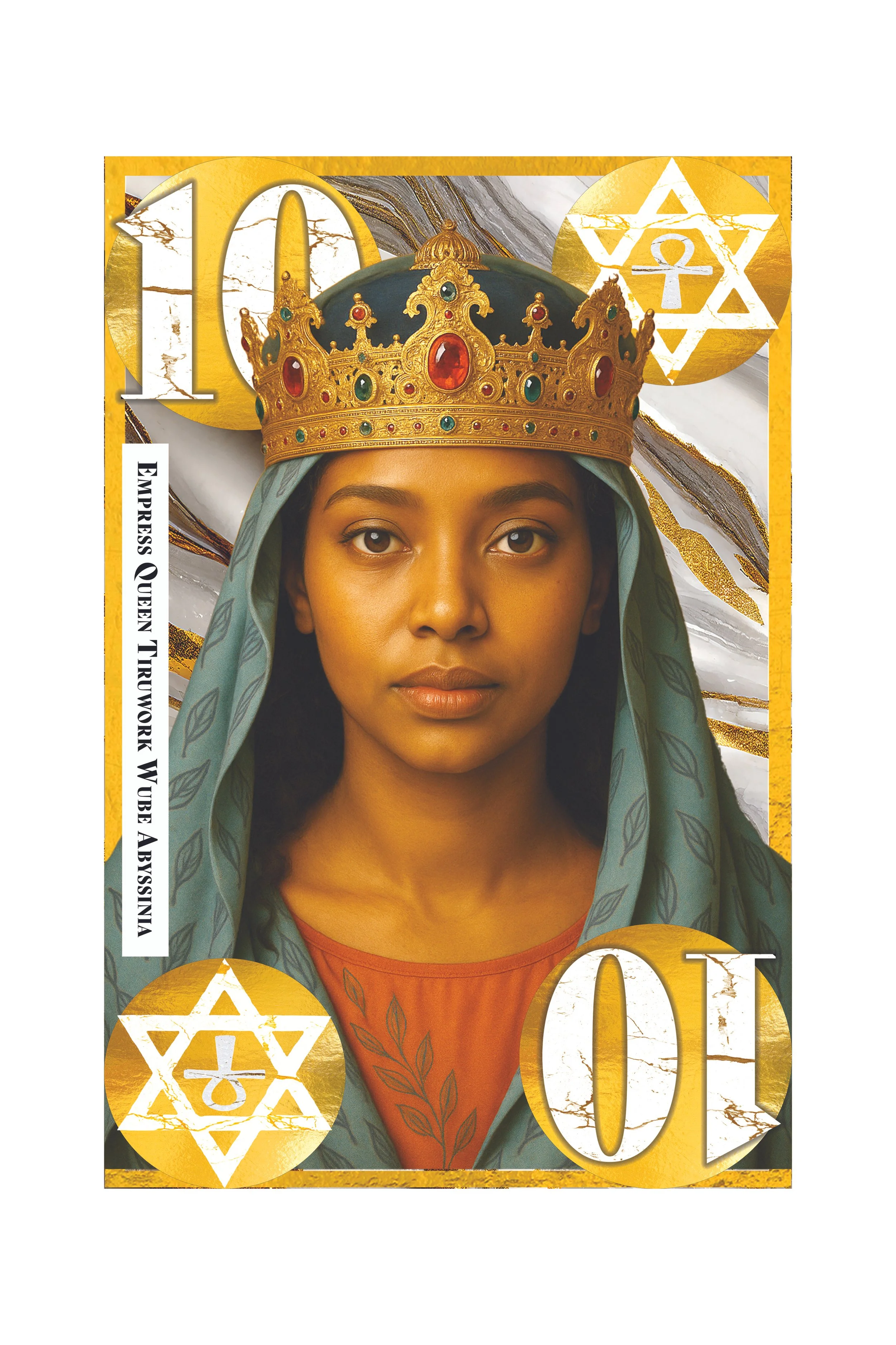 Portrait of a woman wearing a crown and a teal headscarf, with gold and marble background elements and the words 'Queen' and 'Peace,' along with symbols and text indicating a focus on empowerment and advocating for peace in Afghanistan.