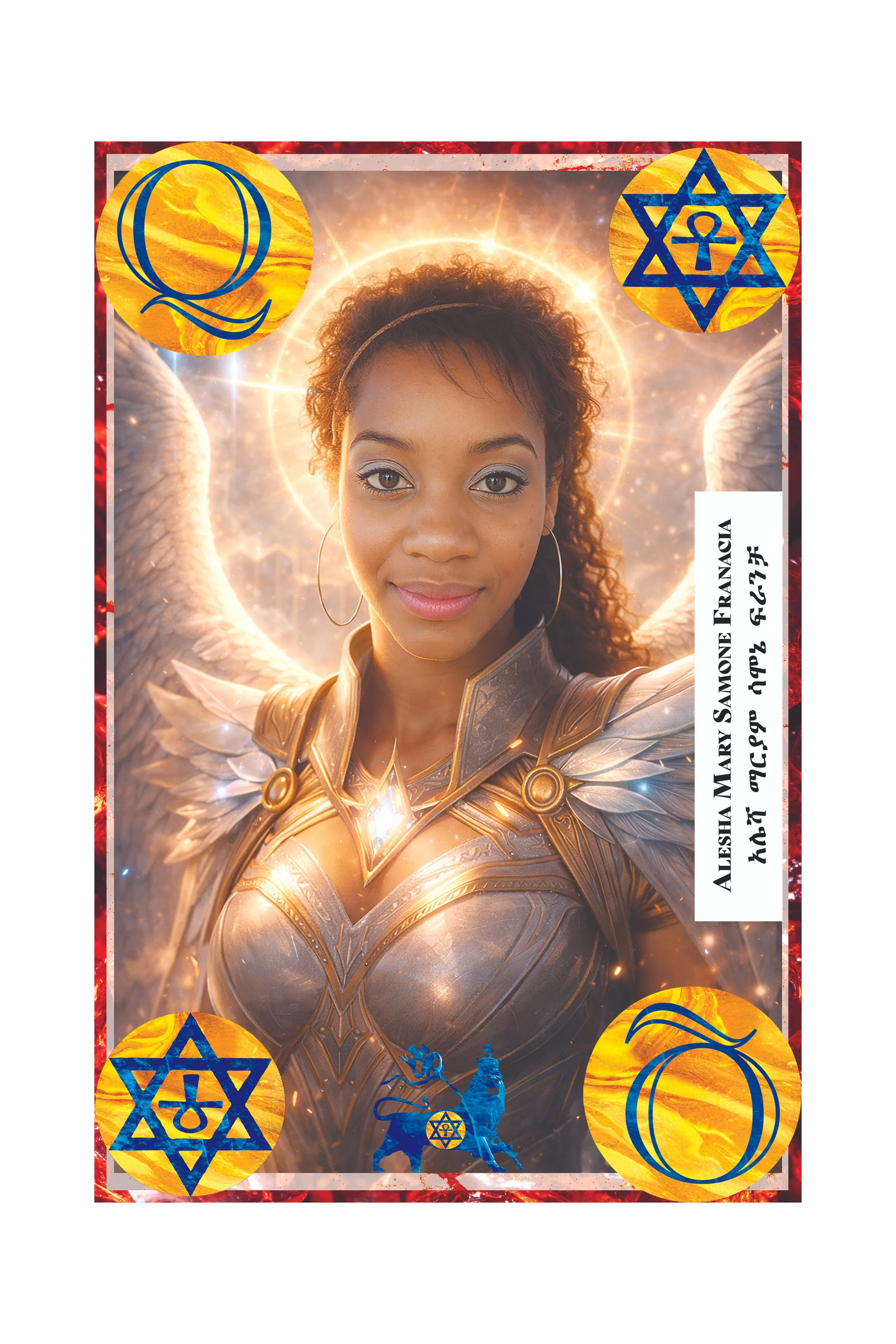 A digitally illustrated fantasy card featuring a woman with angel wings, wearing ornate armor, with glowing light and celestial background, and symbols of the Star of David and other mystical icons.