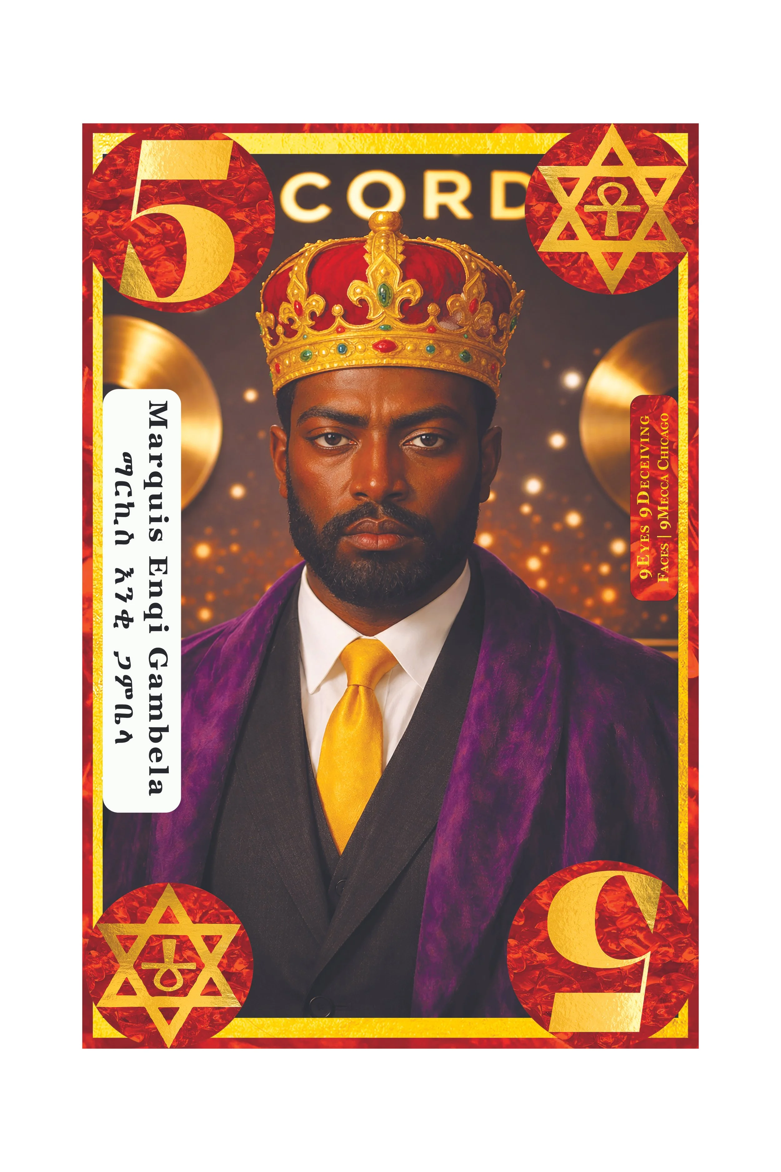 A man wearing a crown, suit, and yellow tie on a decorated card with a red and gold border, featuring symbols of the Star of David and a crescent moon.