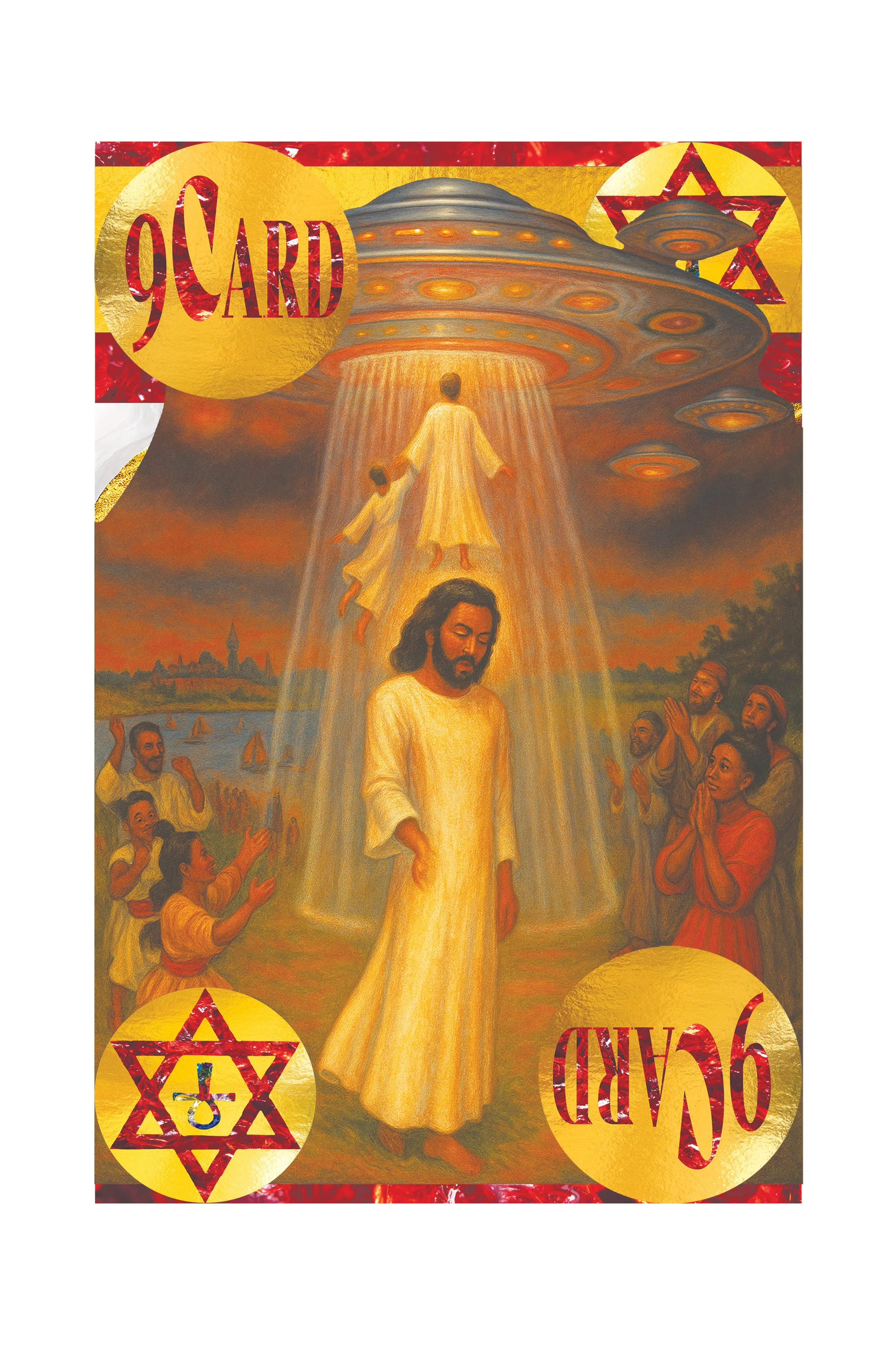 A card featuring a religious scene with Jesus in a white robe walking with a glowing trail behind him, surrounded by children and adults praying or reaching out; flying saucers and a UFO overhead; red and gold themed design with the words "9 CARD" an