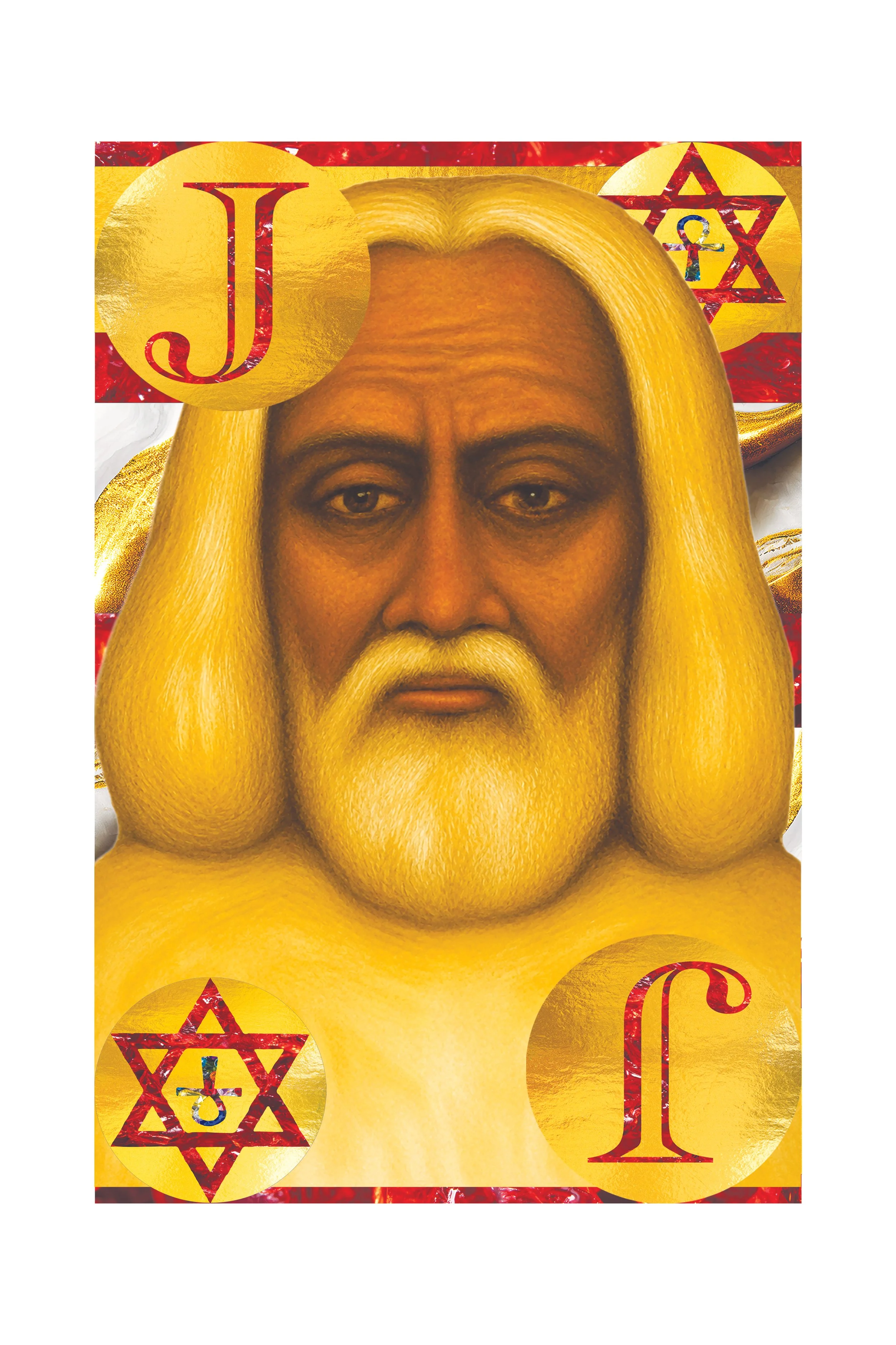 A stylized depiction of Jesus Christ with long blond hair and a beard, surrounded by Jewish symbols and the letters J and C, on a vibrant red and gold background.
