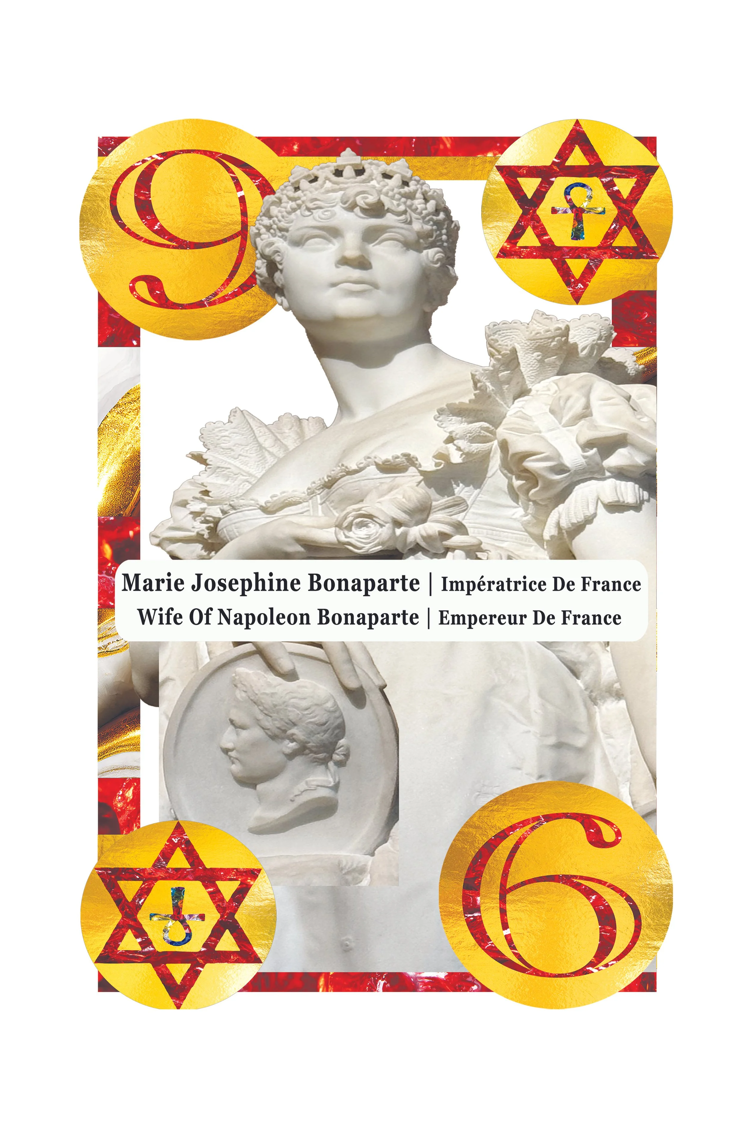 Collage of a white sculpture bust of a woman with flowers and a winged figure, surrounded by yellow circles containing red and gold symbols, including the number 6, the number 9, and hexagrams with mixed symbols inside.