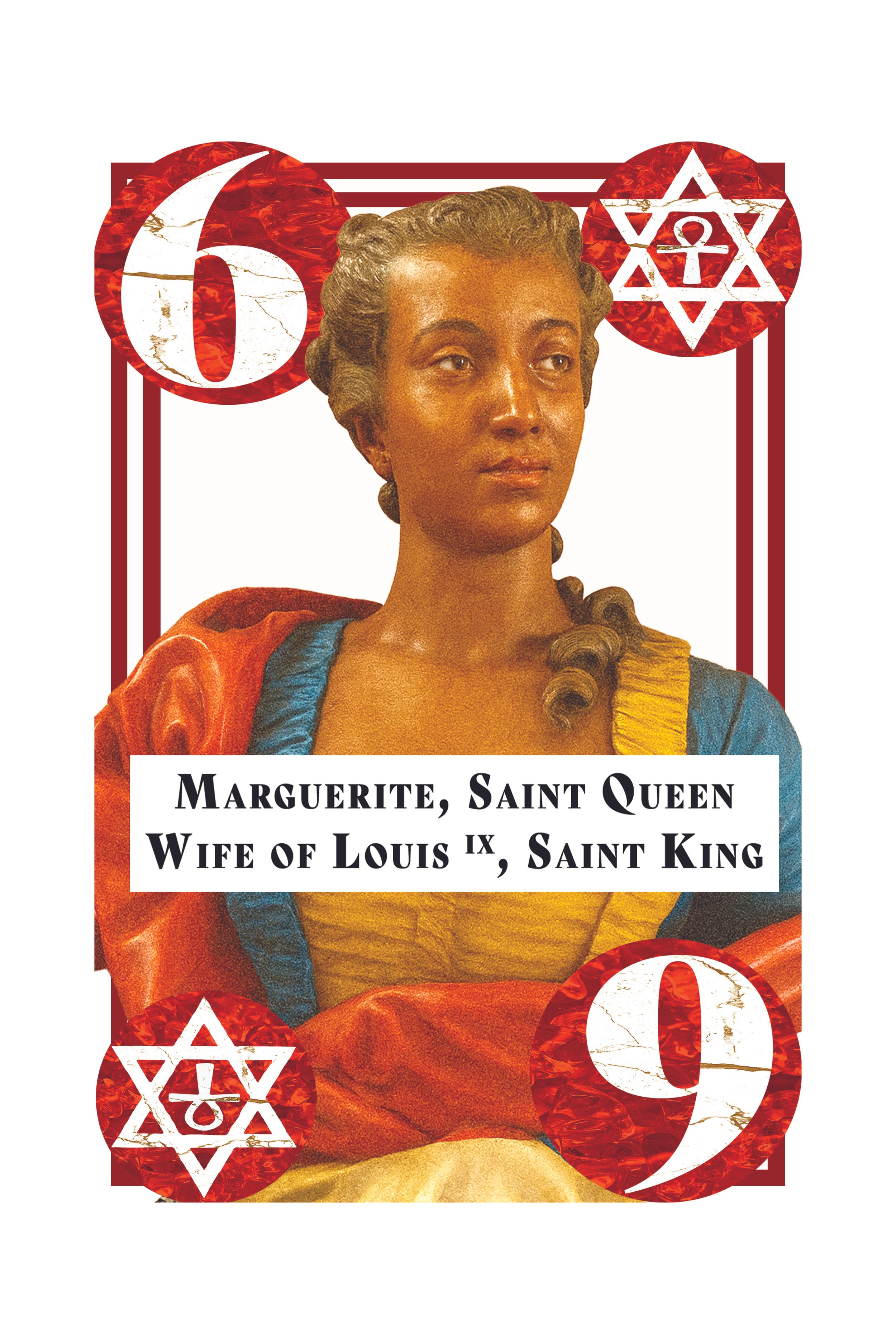 Illustration of Marguerite, Queen of Navarre, wearing a colorful dress, with decorative elements including a crescent moon and star of David symbols, along with a text overlay about her being the wife of Louis IX, Saint King.