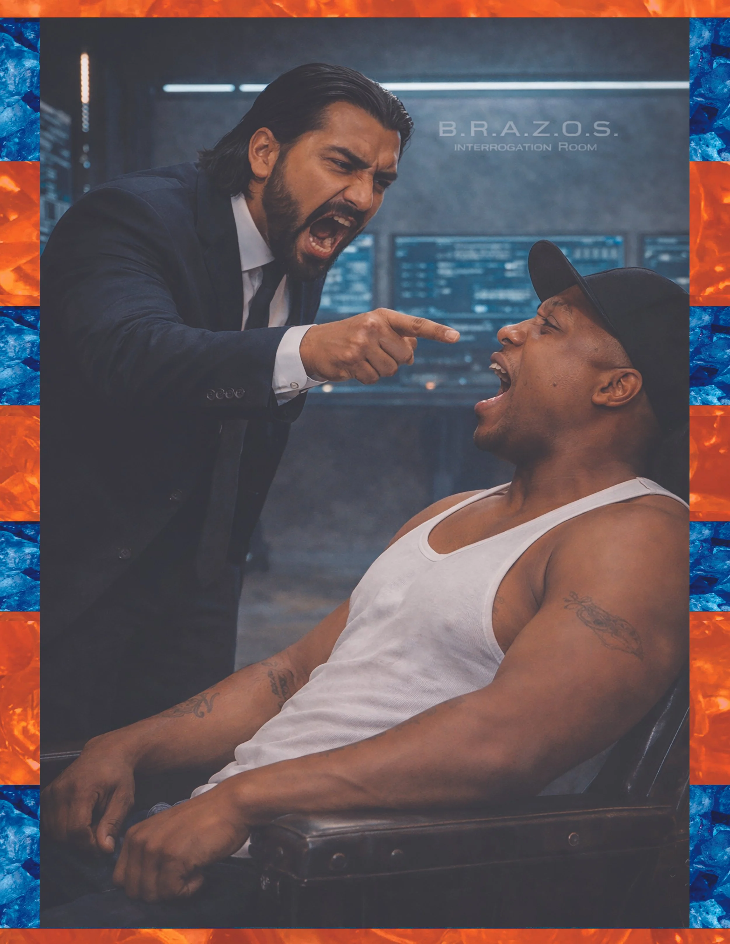 A scene from a movie with one man angry and yelling at another man who is sitting and appears to be in pain or frightened.