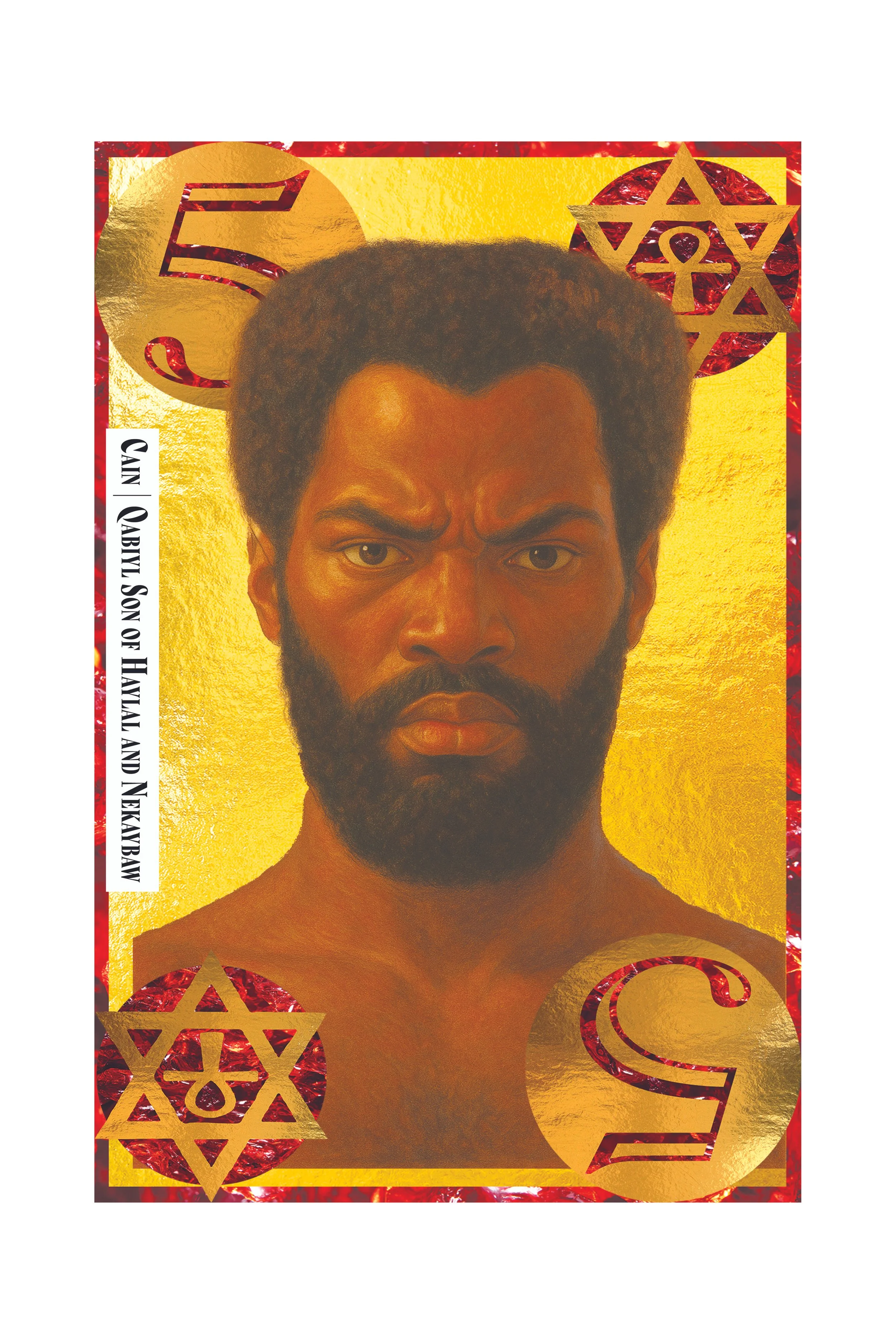 A person with dark curly hair and a beard against a gold background, with red and gold geometric and star symbols.