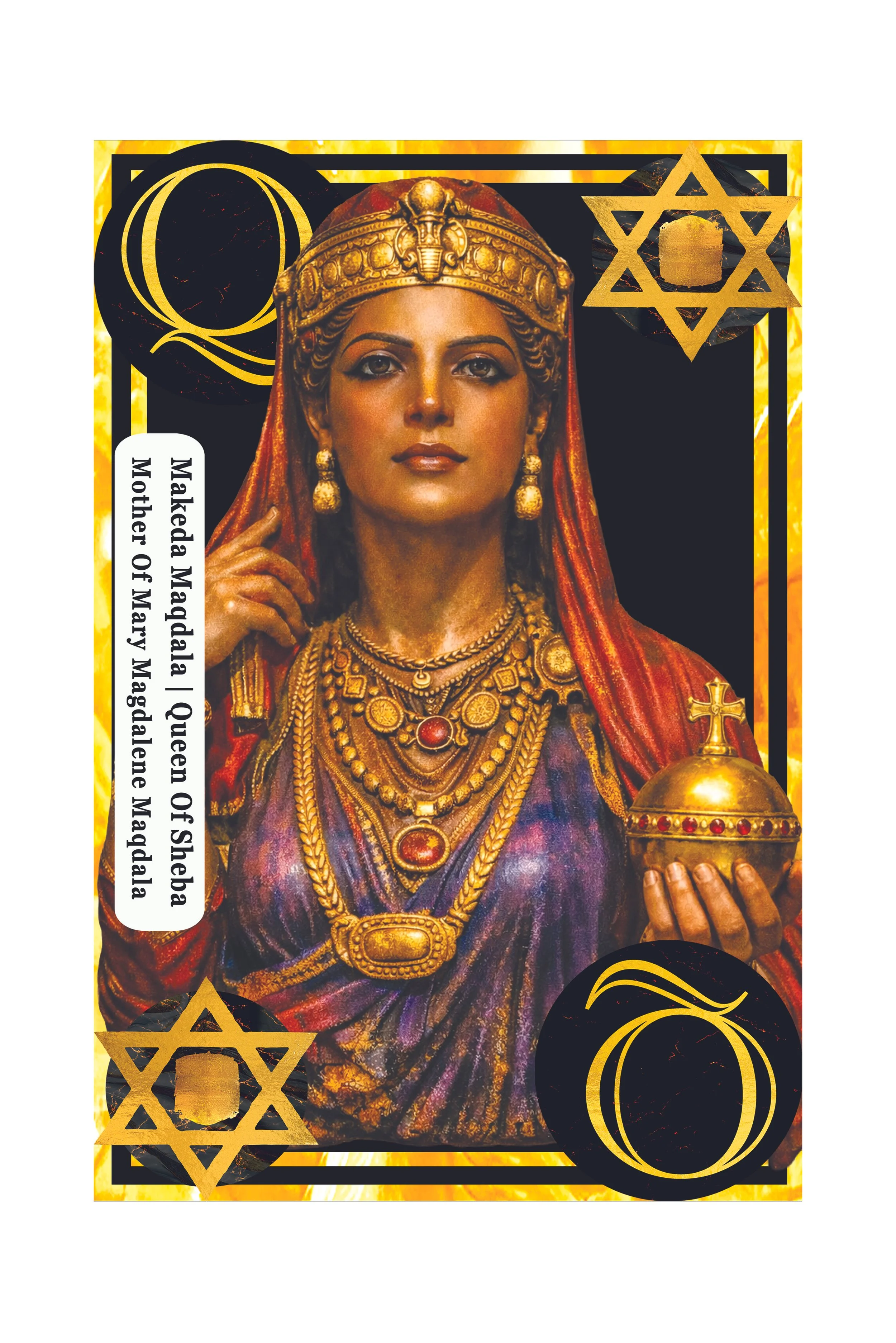 Portrait of a woman dressed as Queen Sheba, wearing elaborate gold jewelry and a crown, holding a gold orb, with black and gold decorative elements in the background.