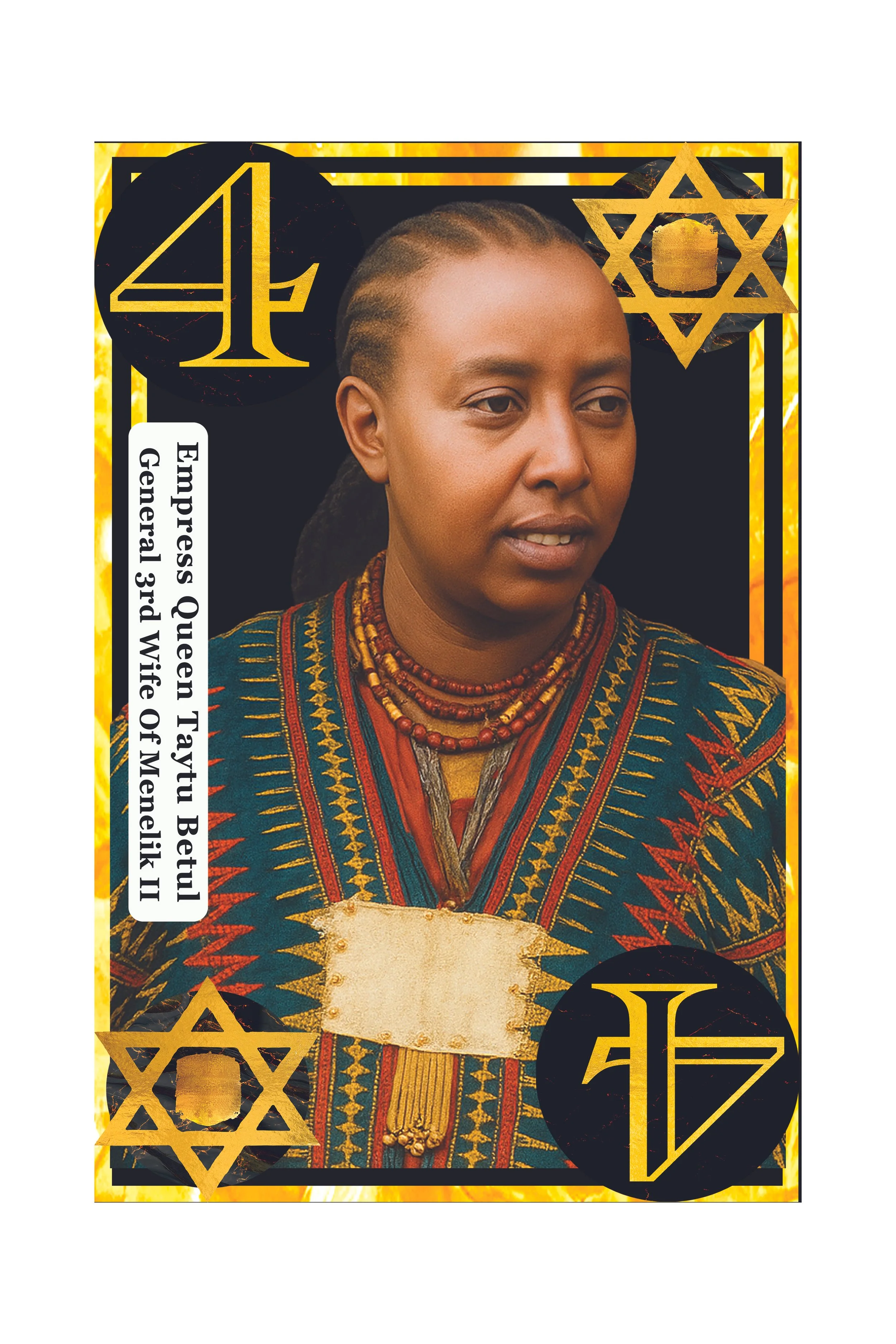 A woman with braided hair wearing traditional African clothing and necklaces, surrounded by a decorative border with gold and black symbols and designs, including Star of David and geometric shapes.