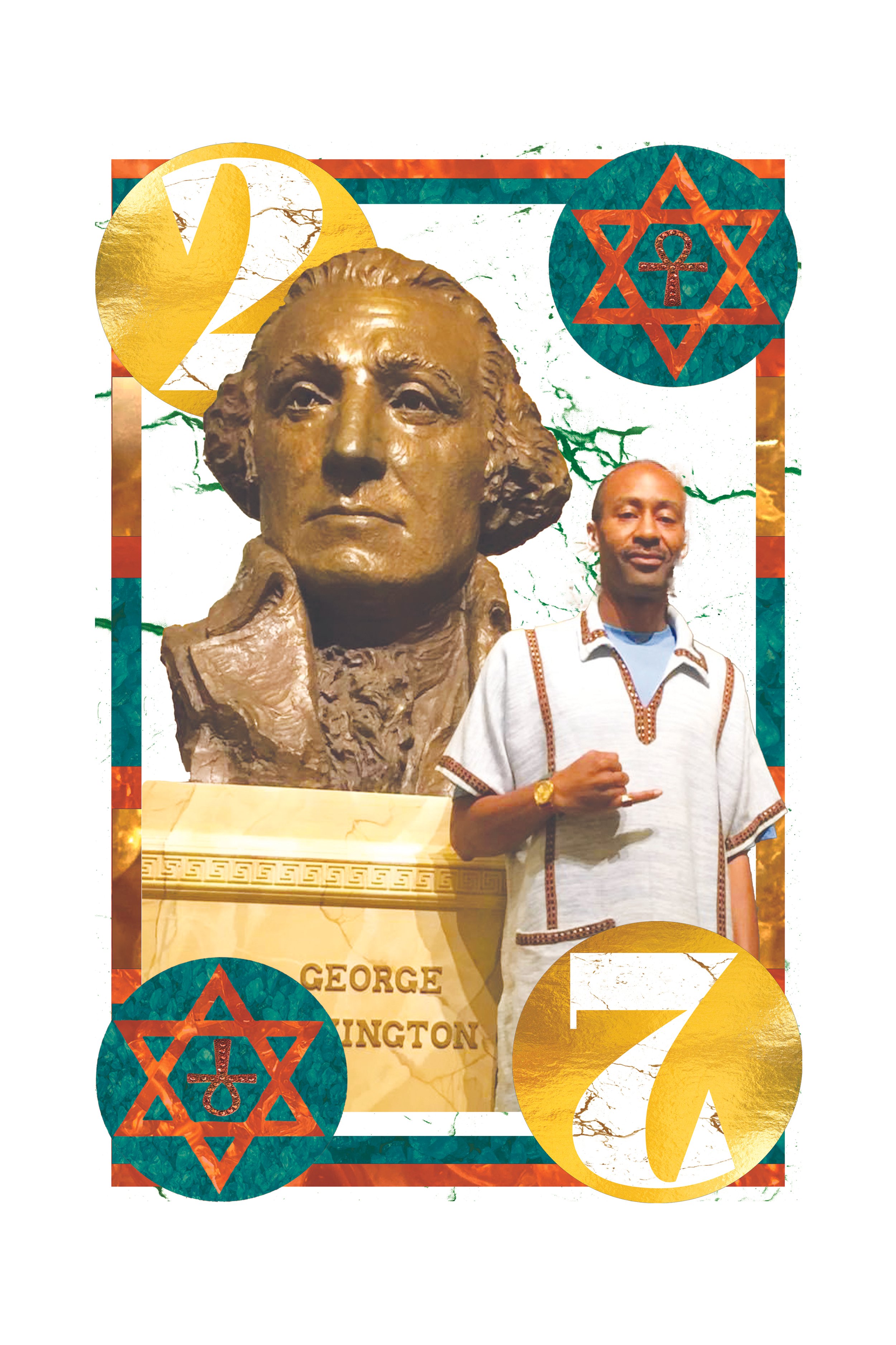 A collage featuring a bust of George Washington, a man in a traditional-style shirt, large gold and blue celebratory graphics, including the number 2, the number 7, and a Star of David with an ankh symbol in the center.