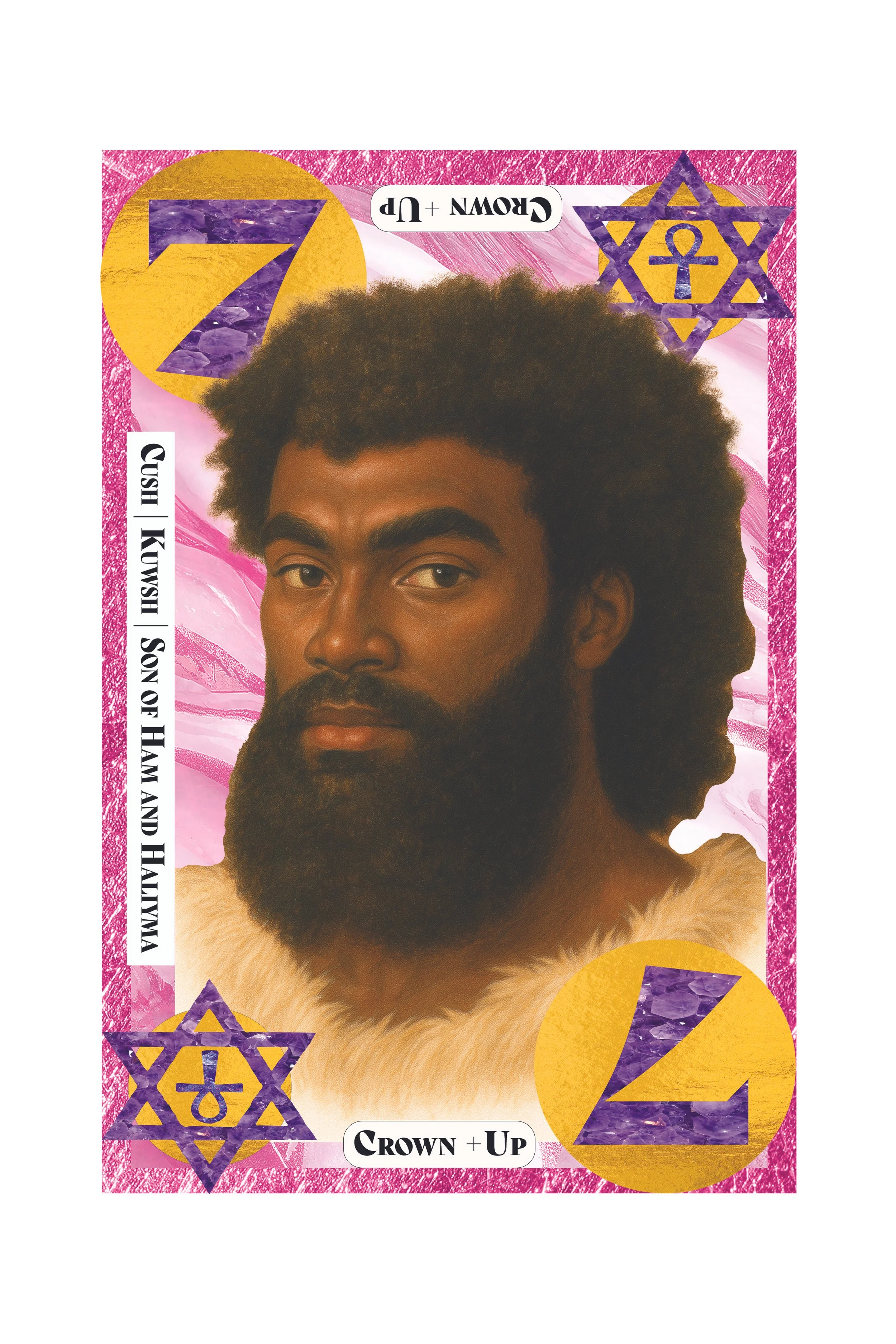 Close-up of a Monopoly-themed playing card featuring a man's face with a beard and curly hair, pink background with purple and yellow geometric and star shapes, with text 'CROWN UP' at the bottom and 'SOUND OF THE' and 'HAWAII' on the left side.