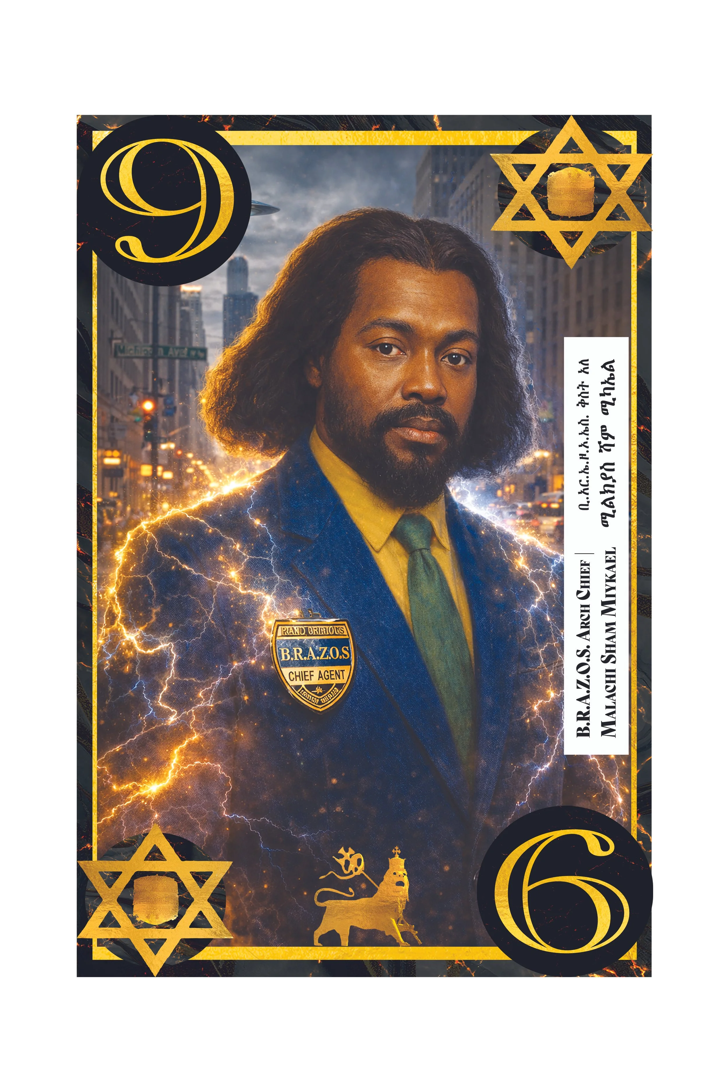 A stylized comic book cover featuring a man with long hair and a beard, wearing a suit and tie, with lightning effects around him and a cityscape background. Various symbols, including stars and a badge, are decorated around the edges.