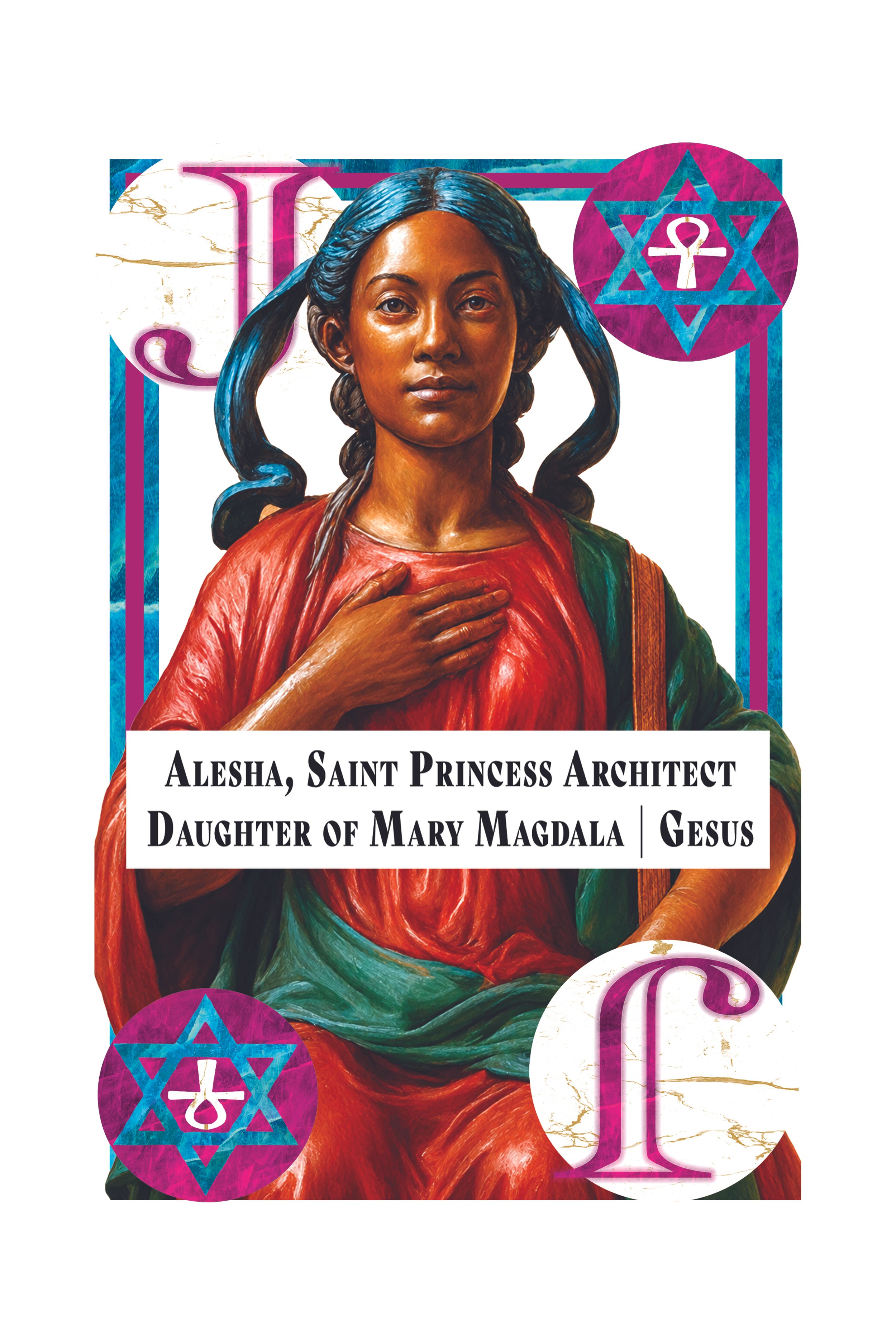 Religious artwork of a woman with dark hair in braid, wearing red and green robes, with overlay text about Saint Princess Alesha, daughter of Mary Magdalene, and symbols including a star of David and an ankh.