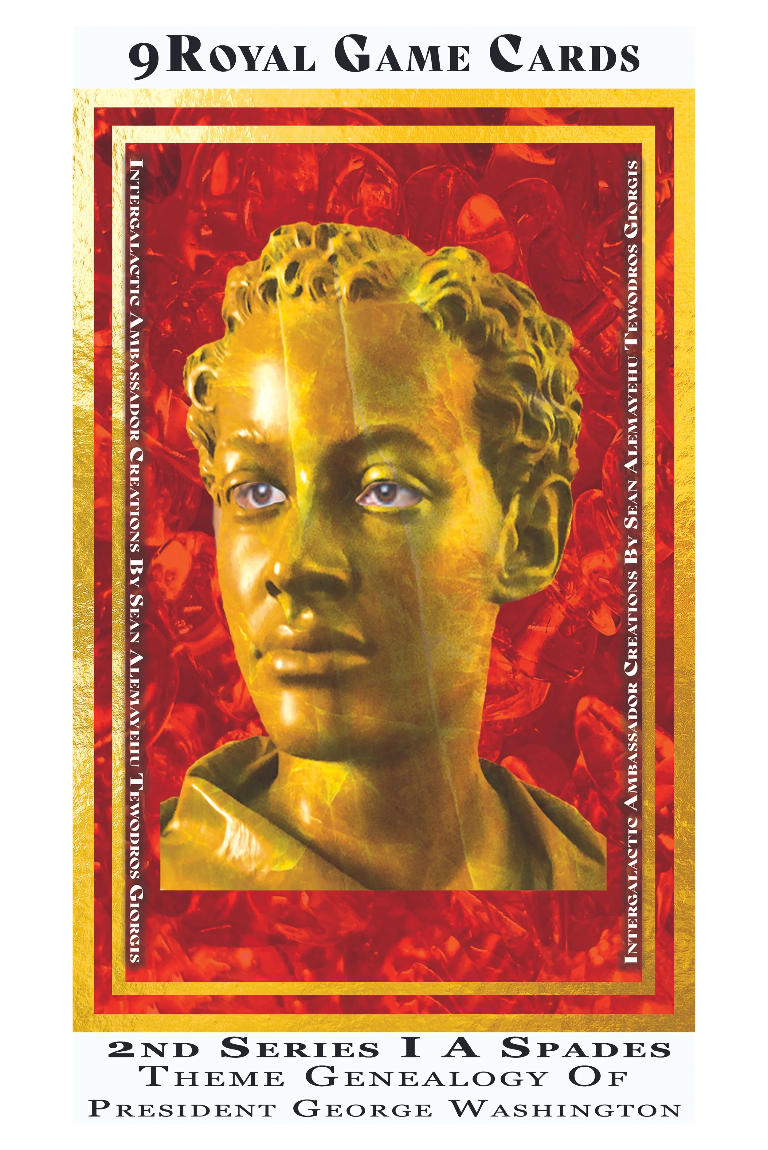A deck of 9 royal game cards featuring a portrait of Abraham Lincoln with red background and gold borders, with descriptive text about the cards and their theme related to President George Washington.