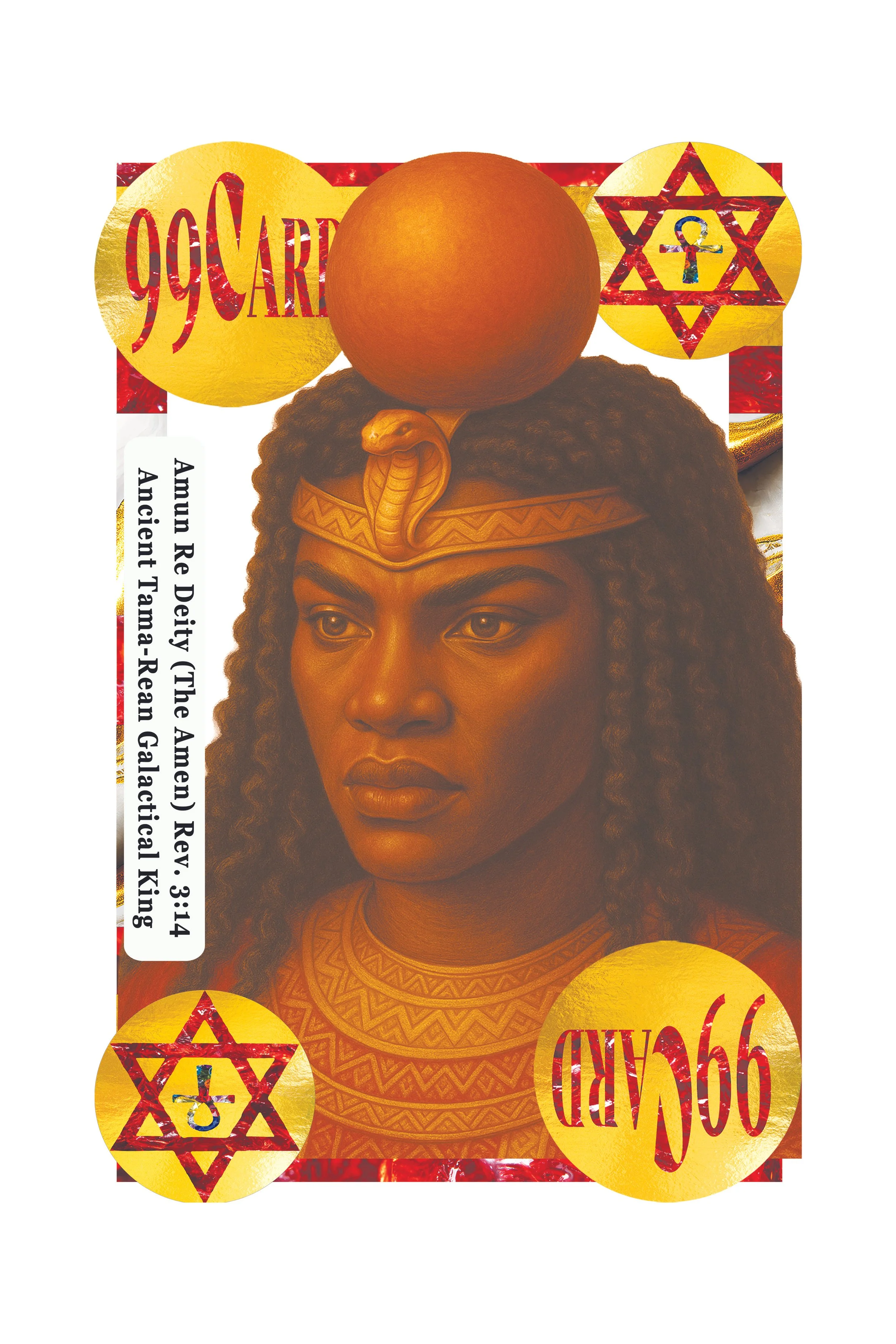 A woman with dark hair and wearing a traditional necklace. There are gold and red circular symbols with the number 99 and the words 99 CARD around the image, along with a Star of David symbol.