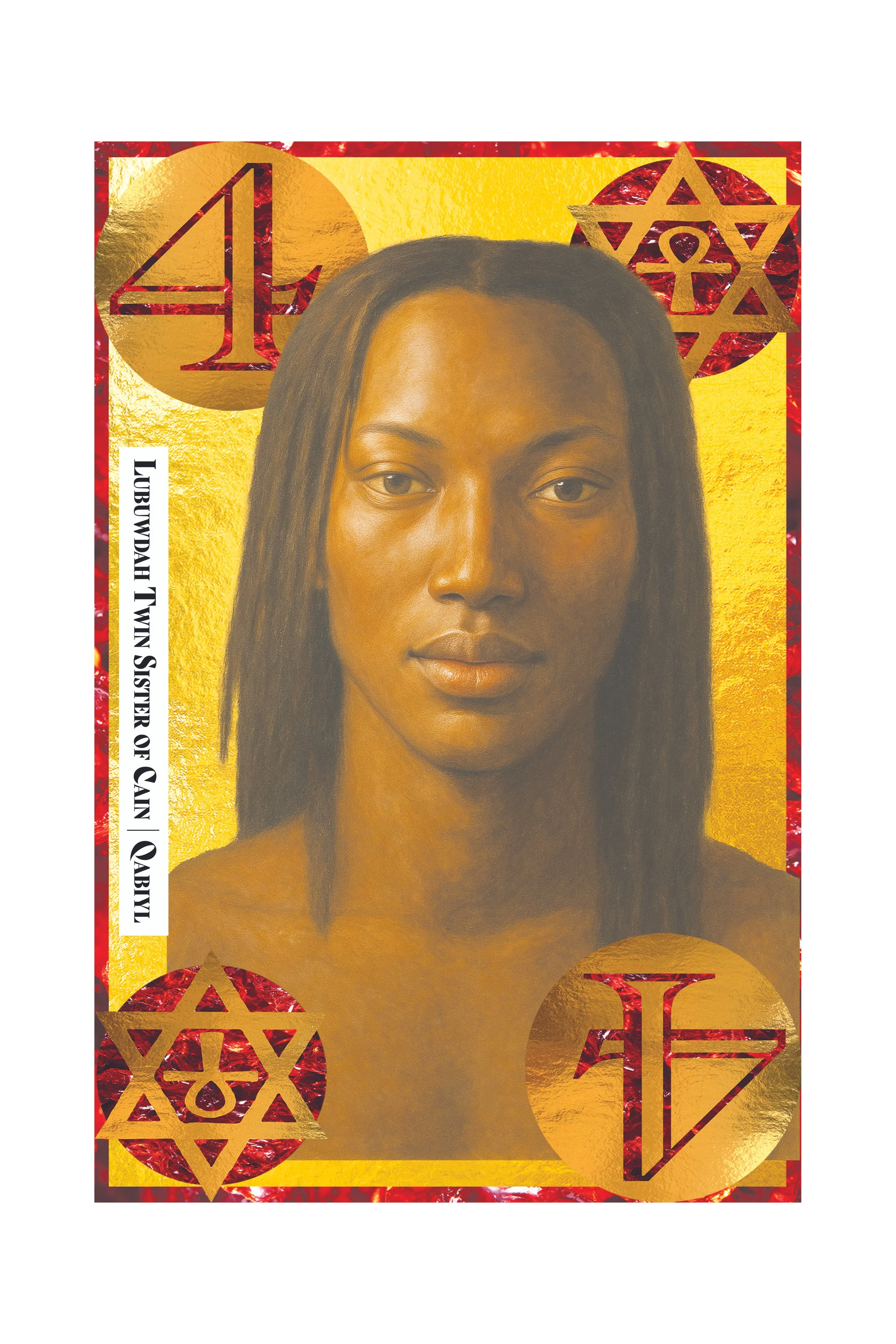 Close-up of a woman's face with long dark hair against a gold and red decorative background featuring geometric shapes and symbols.