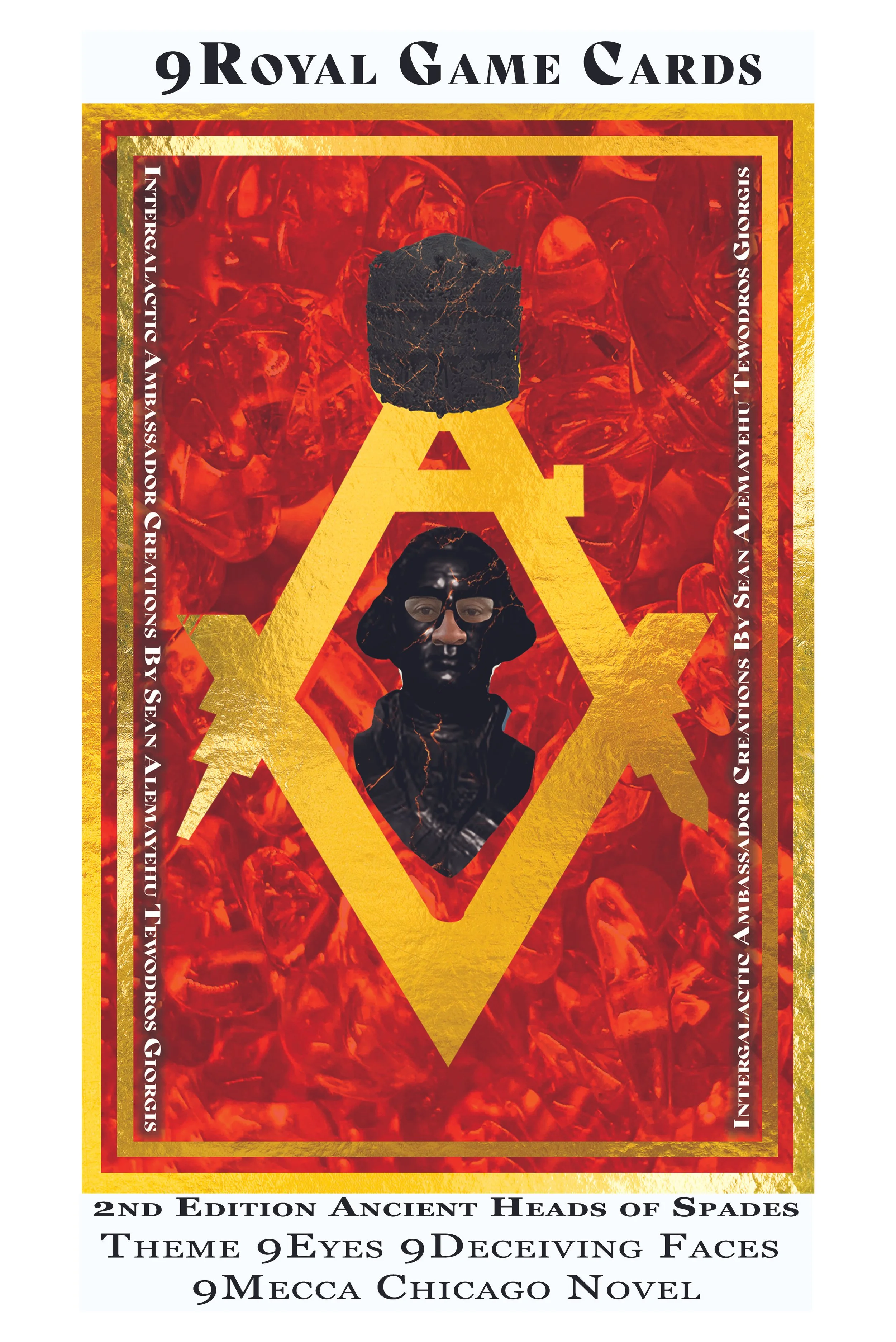 A tarot card deck titled "9 Royal Game Cards" with a red, black, and gold design, featuring a large yellow diagram resembling a spade with two human faces, one with glasses and a hood, and the other with a textured block on top, against a red background with marbled and layered textures. The border includes text mentioning "2nd Edition Ancient Heads of Spades Theme" and other phrases related to tarot and playing cards.