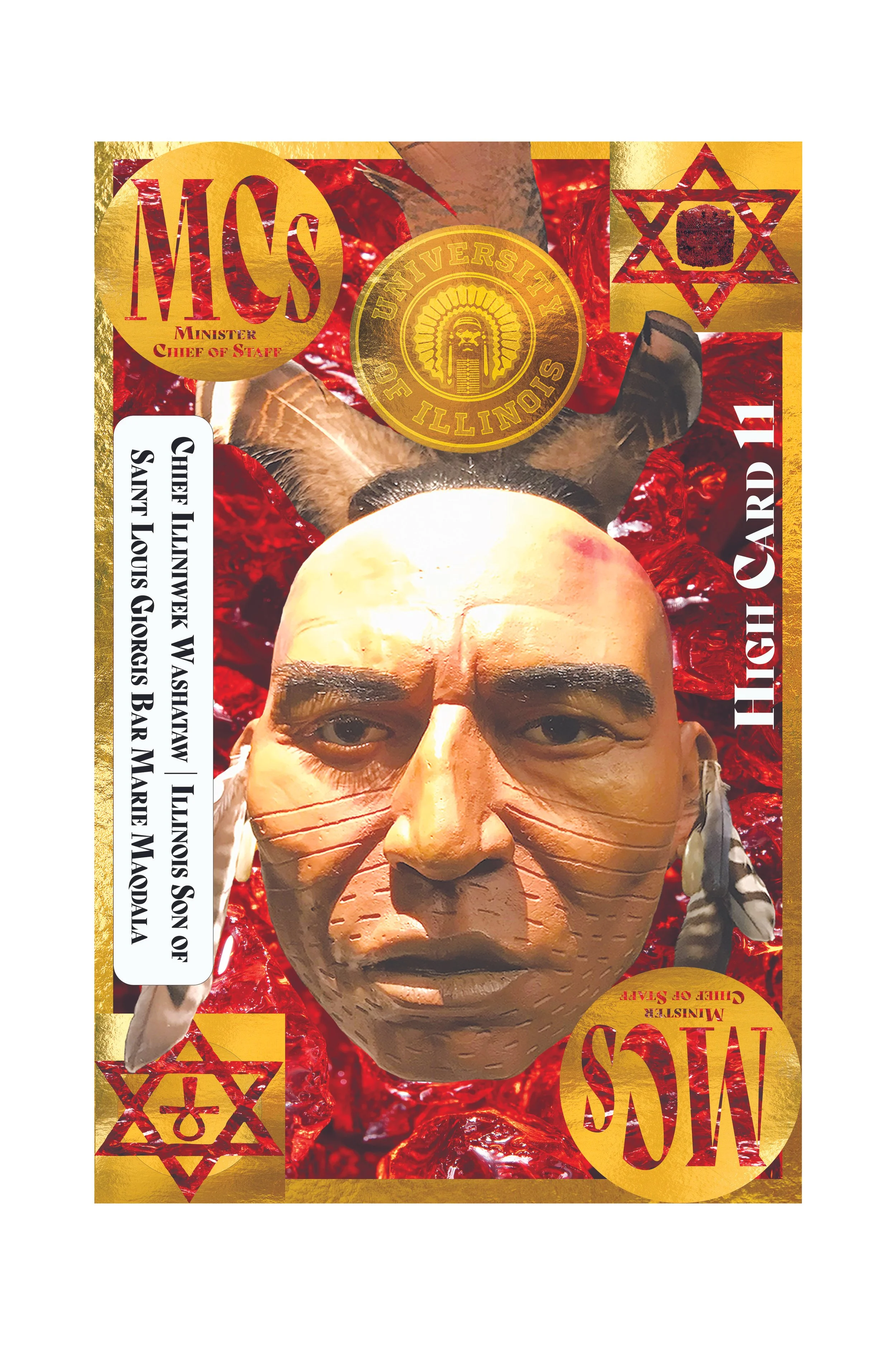 Close-up of a magazine cover featuring a detailed mask of a Native American man, surrounded by red, gold, and black graphic elements, including text and symbols.