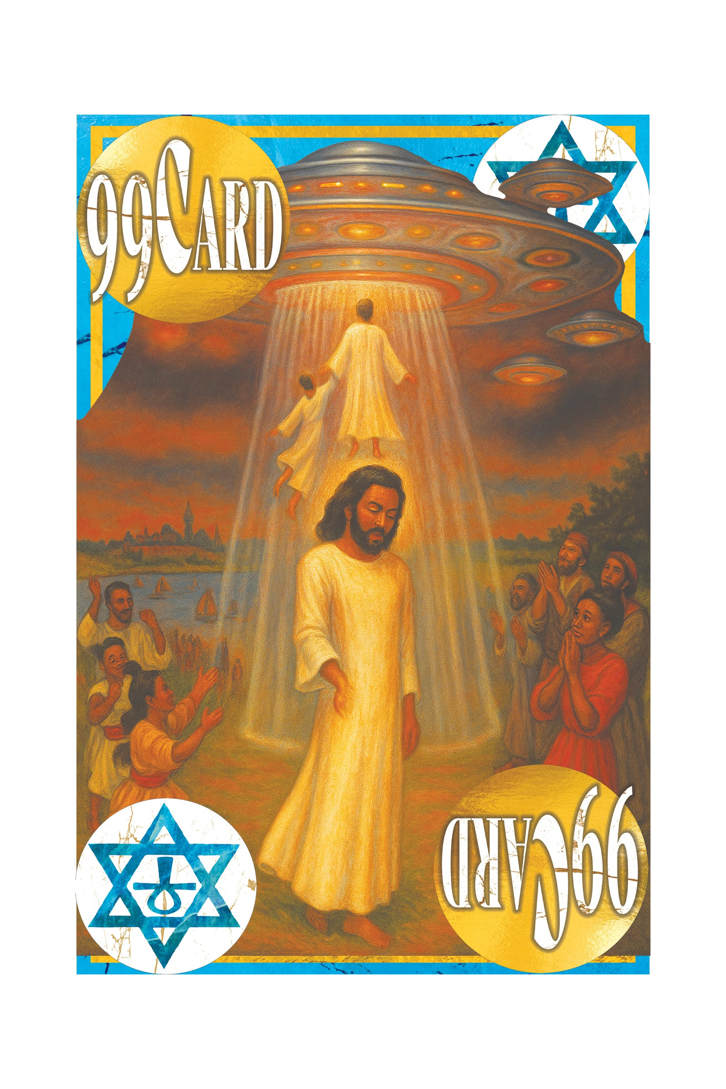 Illustration of Jesus Christ ascending to heaven with followers on earth reaching up towards him, with text '99 YARD' and Star of David symbols.