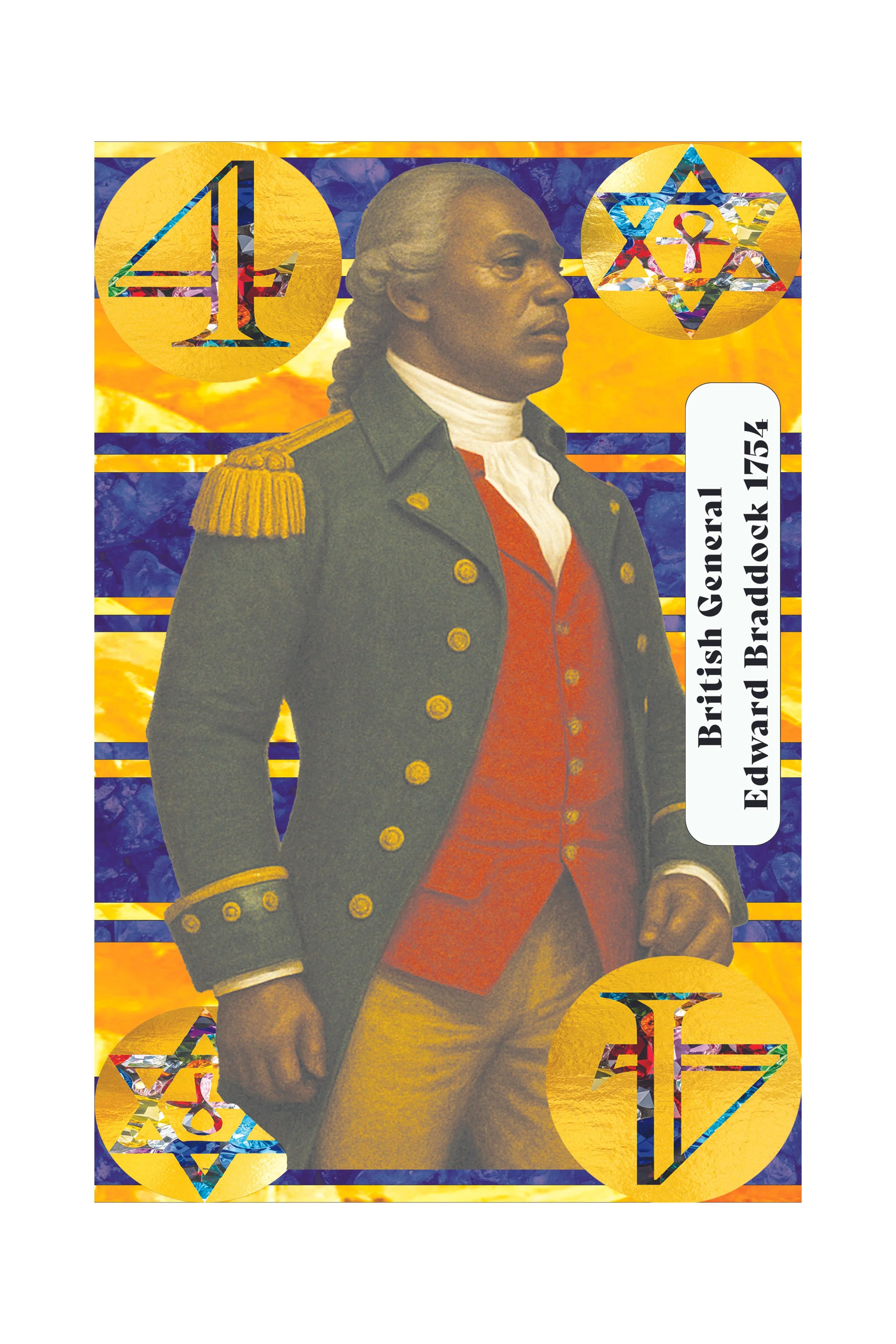 A collectible card featuring a historical painting of British General Edward Bradford from 1754, with colorful modern geometric overlays, the number 4, and symbols representing Freemasonry and the Jewish Star of David.