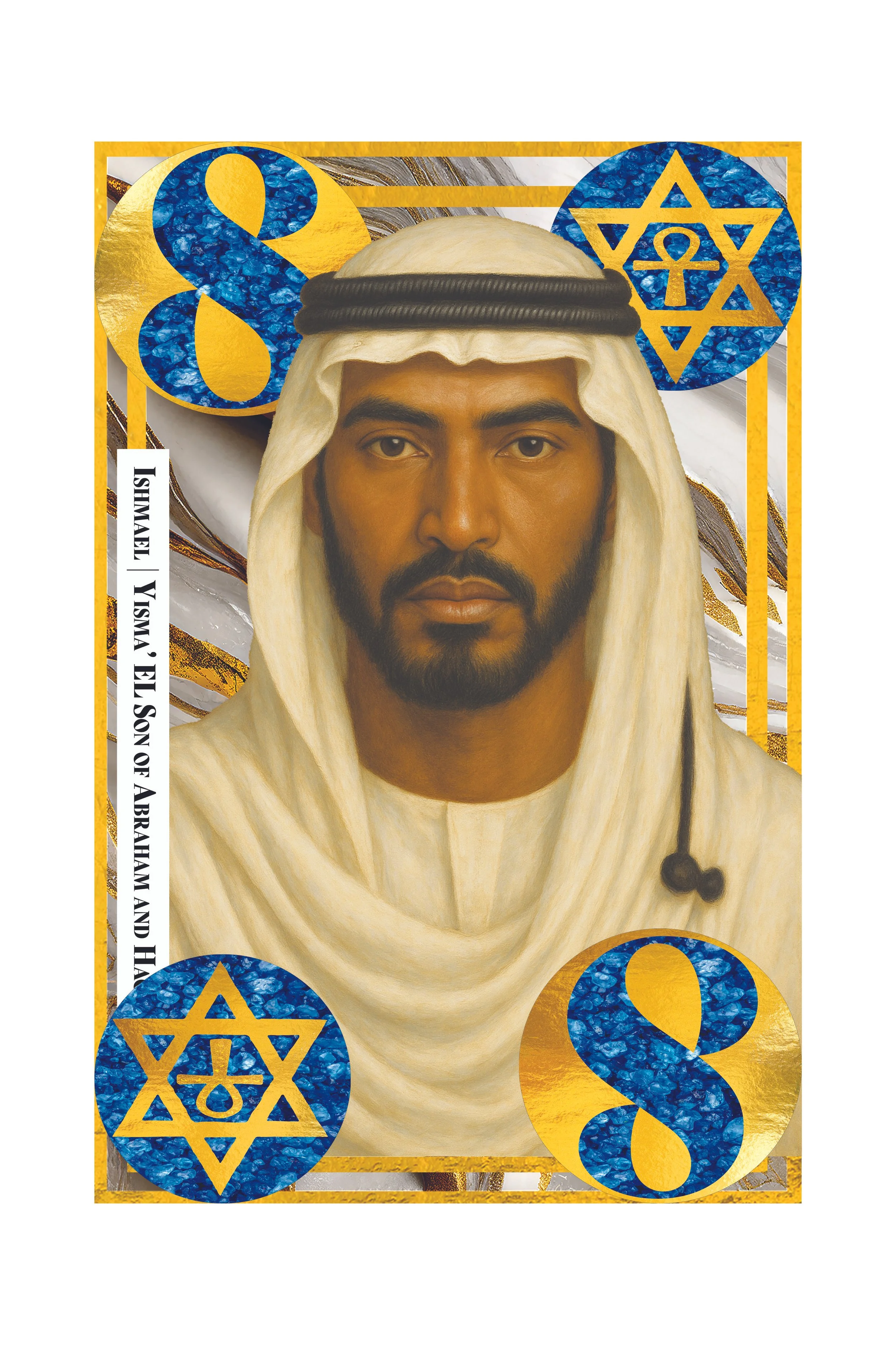 A stylized portrait of an Arab man wearing a traditional white keffiyeh with a black agal, surrounded by gold and blue circular patterns featuring Stars of David and male symbols.