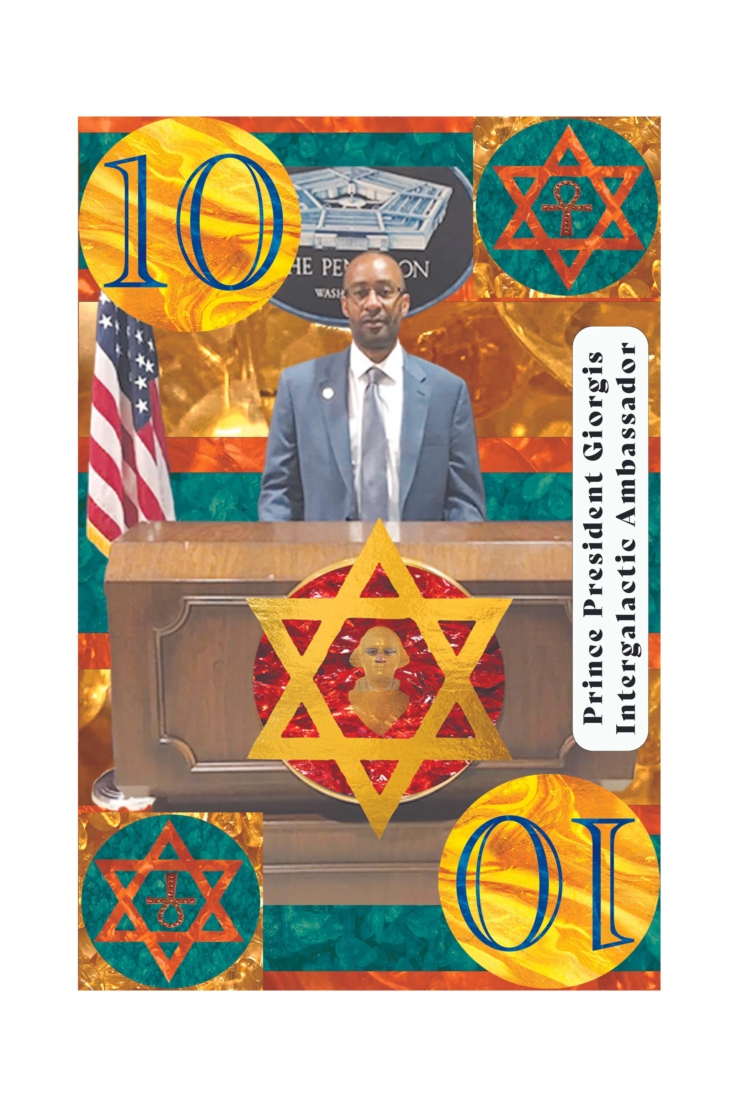 A man in a suit standing at a podium with an American flag to his left. The background includes a sign with the insignia of the Pentagon and a collage of symbols, including a Star of David with an anchor, and the numbers 10 and 01. There is a white v