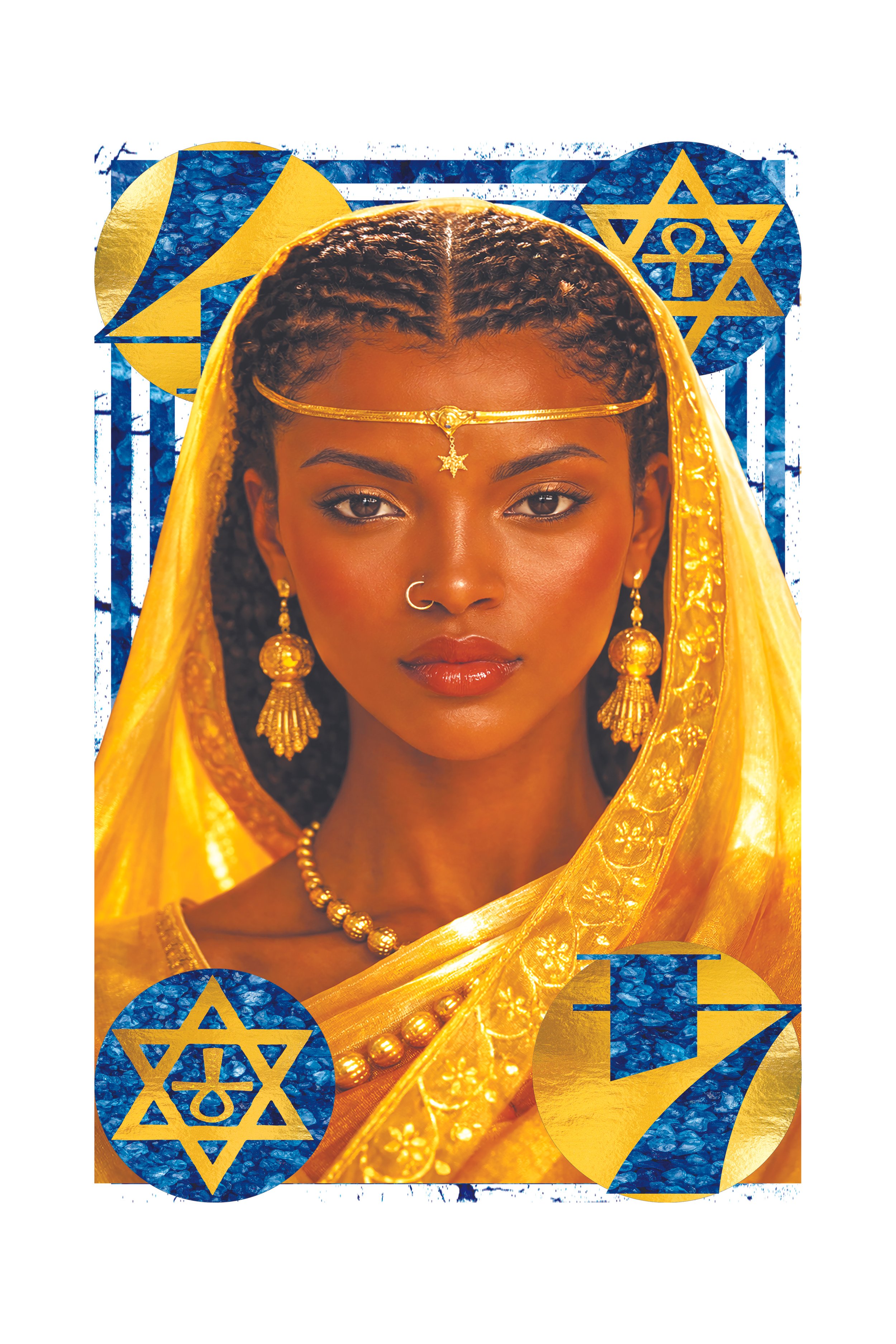 Woman with dark hair in cornrows, wearing gold jewelry and a yellow sari, in front of a textured blue background with gold and blue star of David symbols.