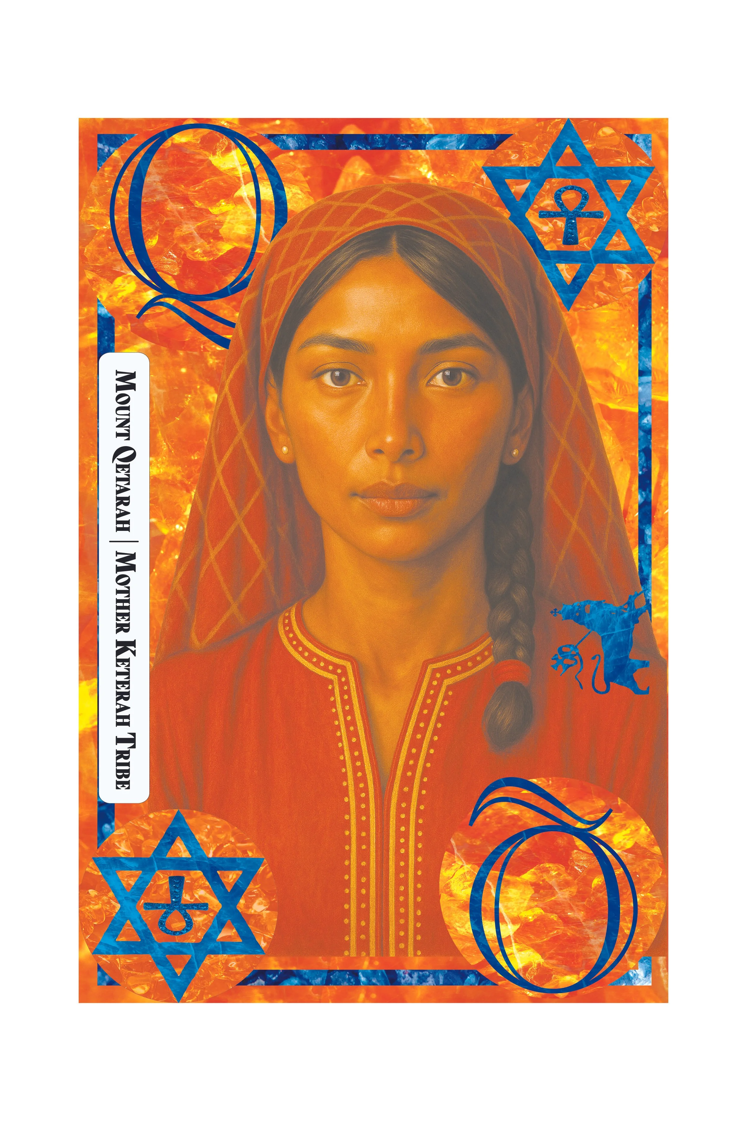 A woman with a braid, wearing a reddish traditional garment and headscarf, against a fiery orange background with blue symbols including a Star of David, a Muslim crescent and star, a Christian cross, and a map of Turkey.