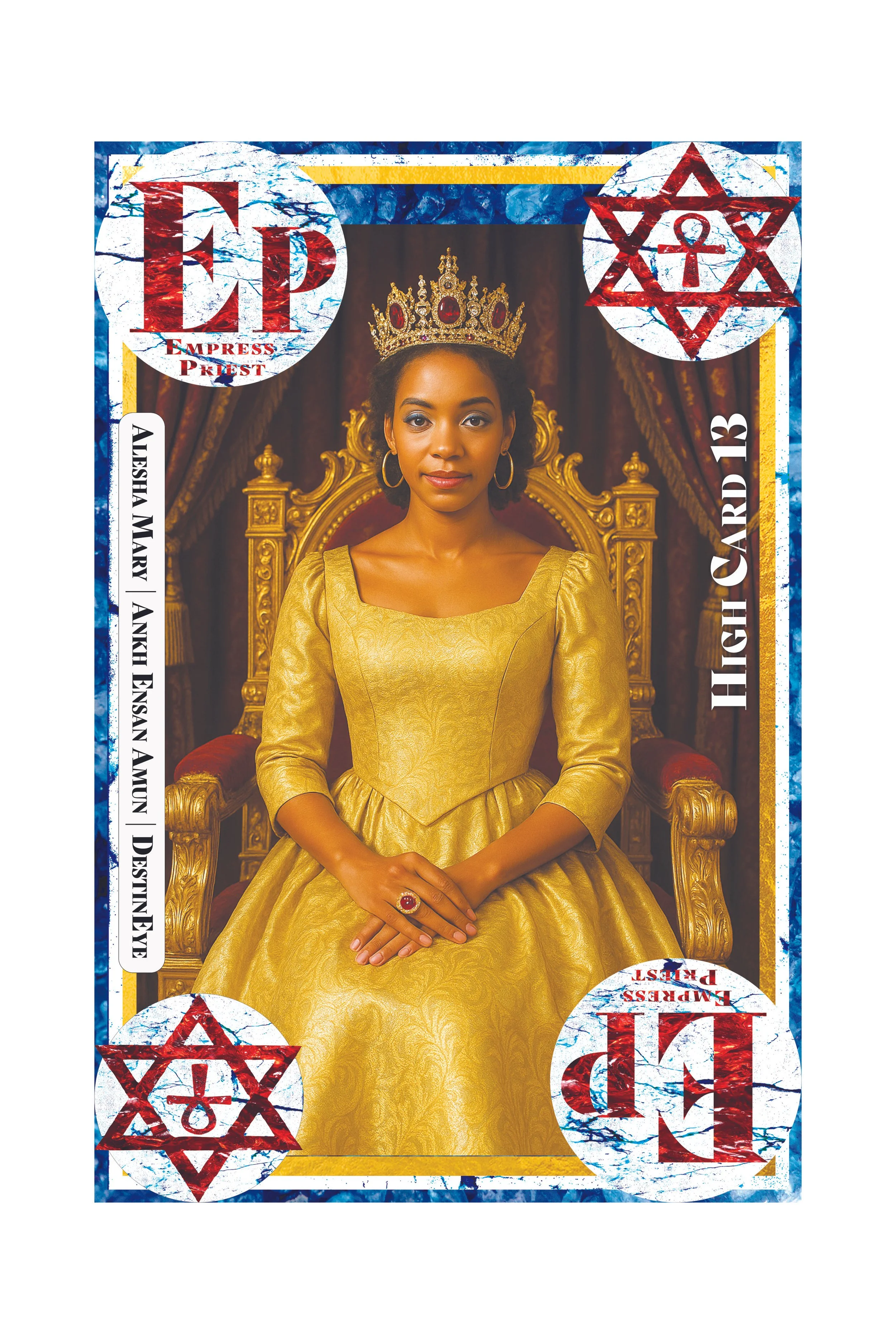 A woman wearing a gold dress and crown sitting on a throne, with a red ring on her finger, framed by what looks like a tarot card design with the words "Empress" and names of other tarot cards.