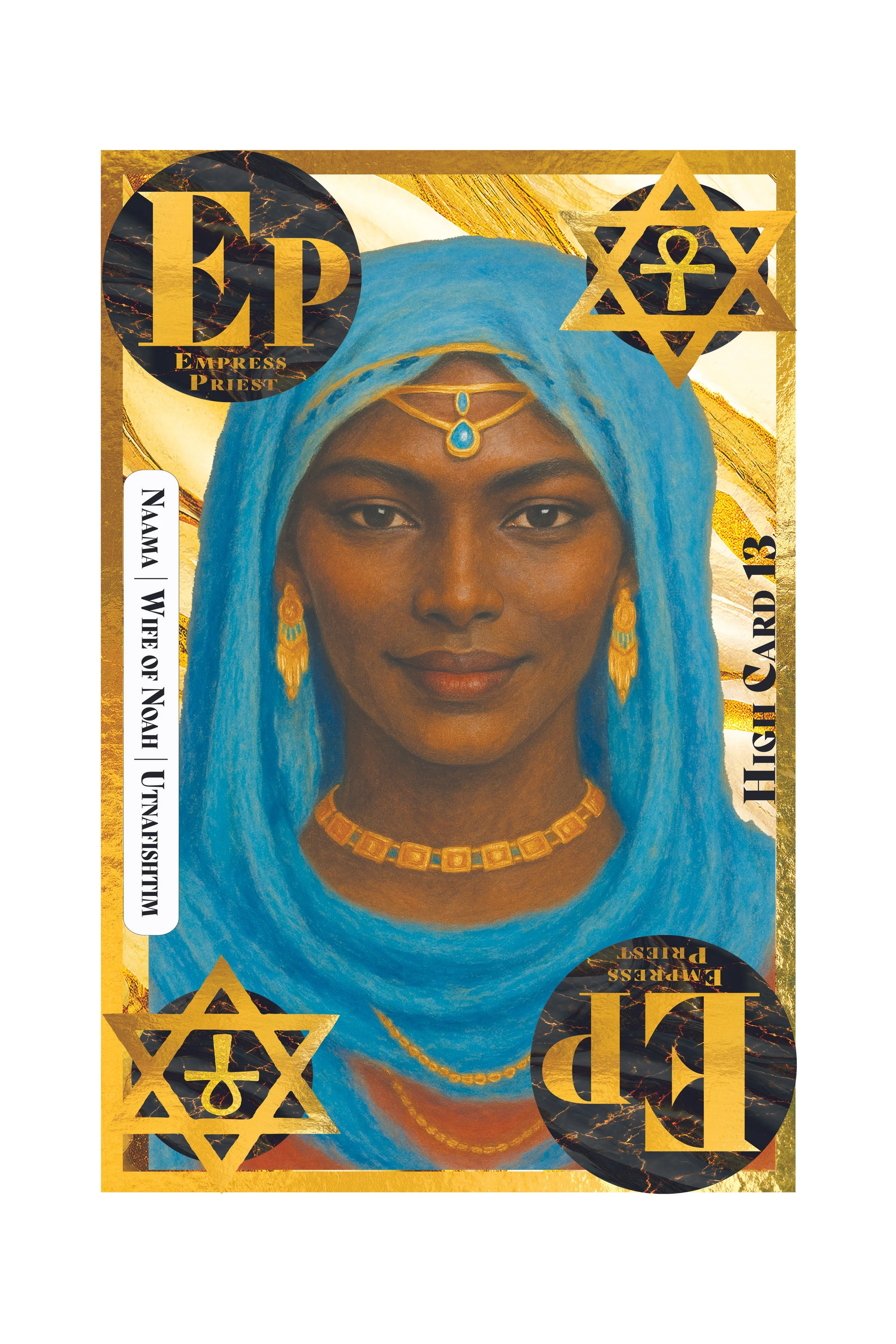 Design resembling a U.S. dollar bill with a portrait of a woman wearing a blue headscarf, gold jewelry, and a peacock feather, overlaid with gold and black symbols, including a Star of David and an Isis symbol, with text indicating 'Empress Priest' a