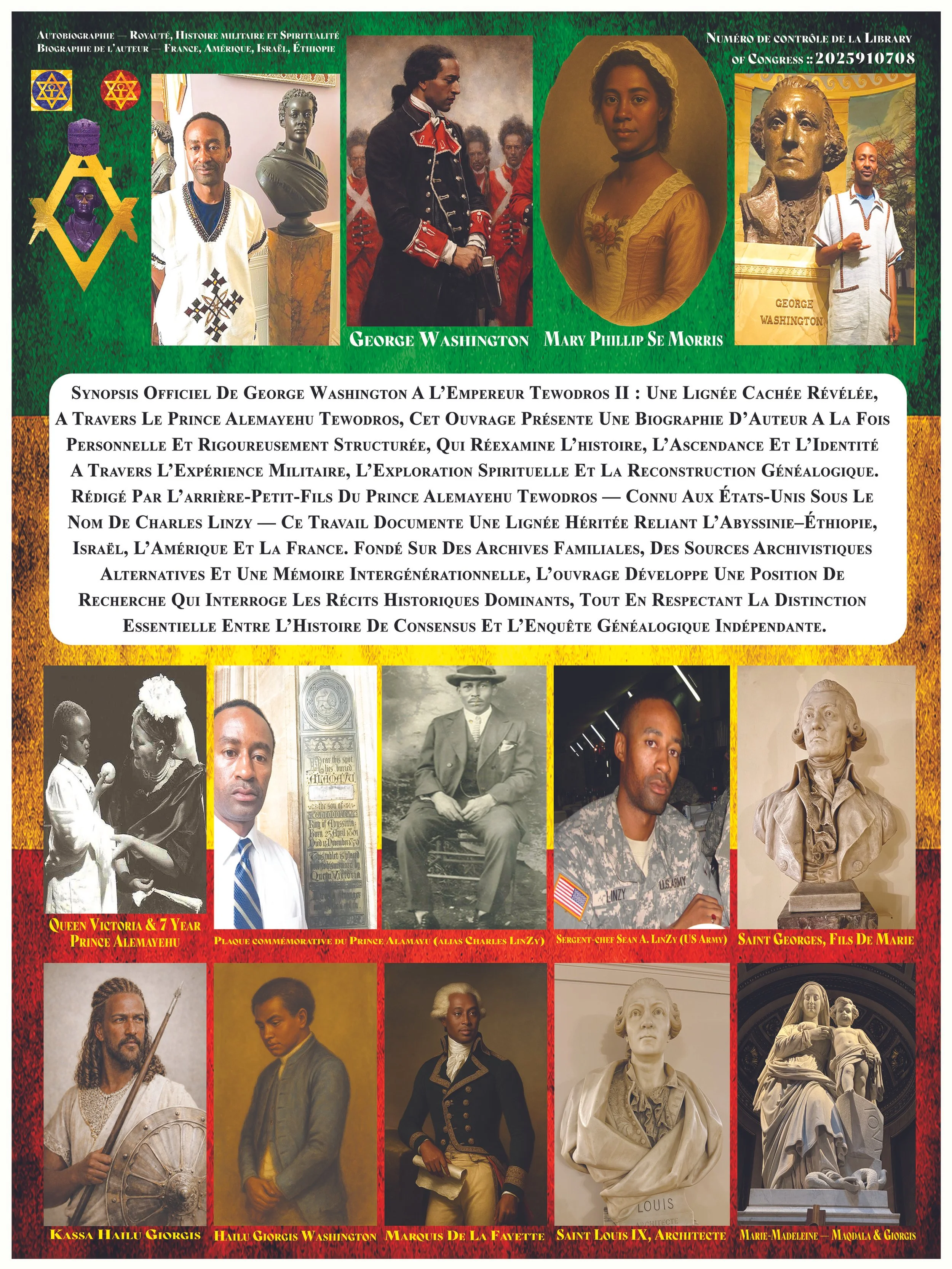 A collage of images featuring historical and cultural figures, sculptures, and artifacts from Africa, America, Israel, and Ethiopia, with accompanying French and English text.