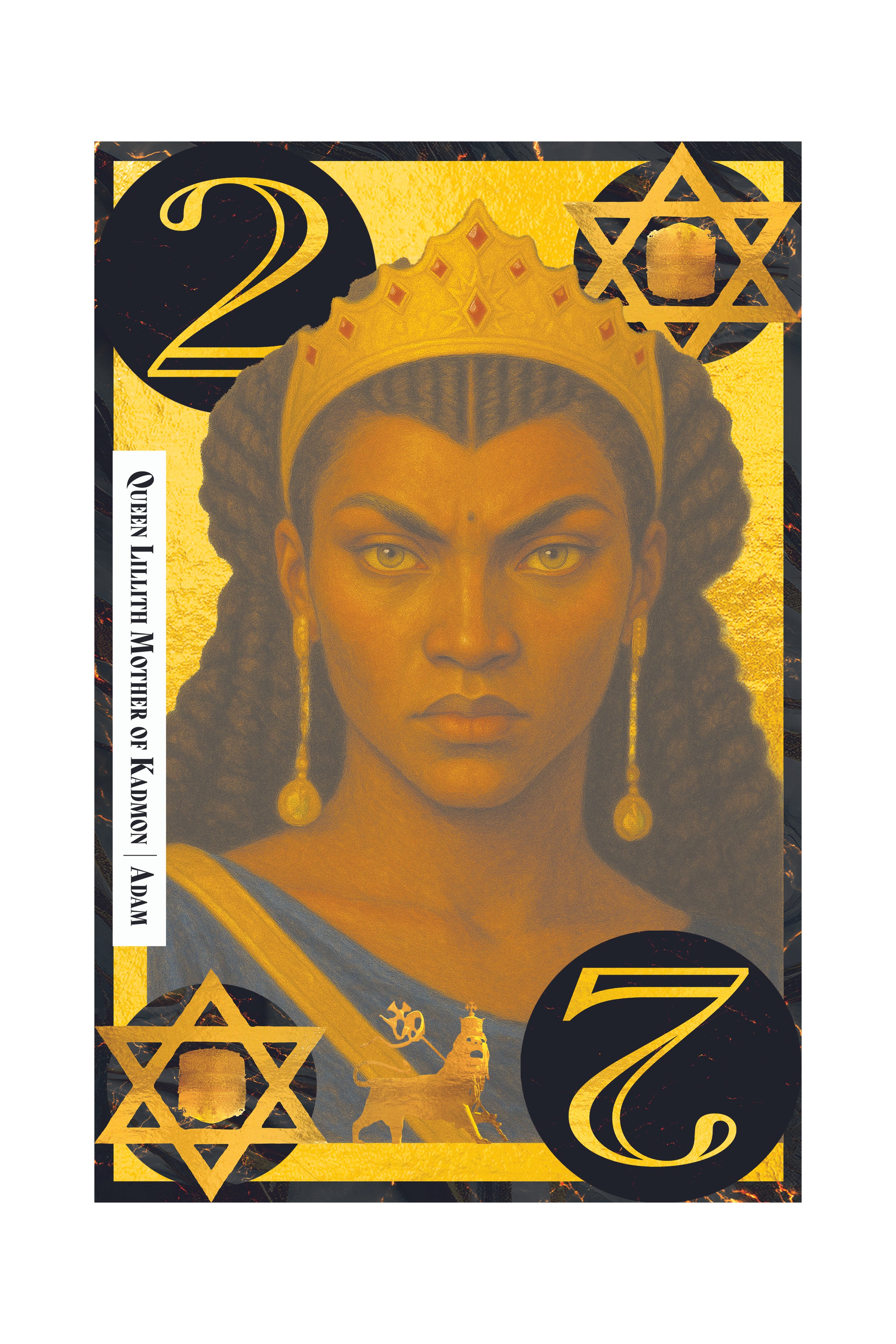 Close-up of a card featuring a portrait of a woman with a crown, gold jewelry, and traditional attire, with various symbols and numbers in black and gold in the background.