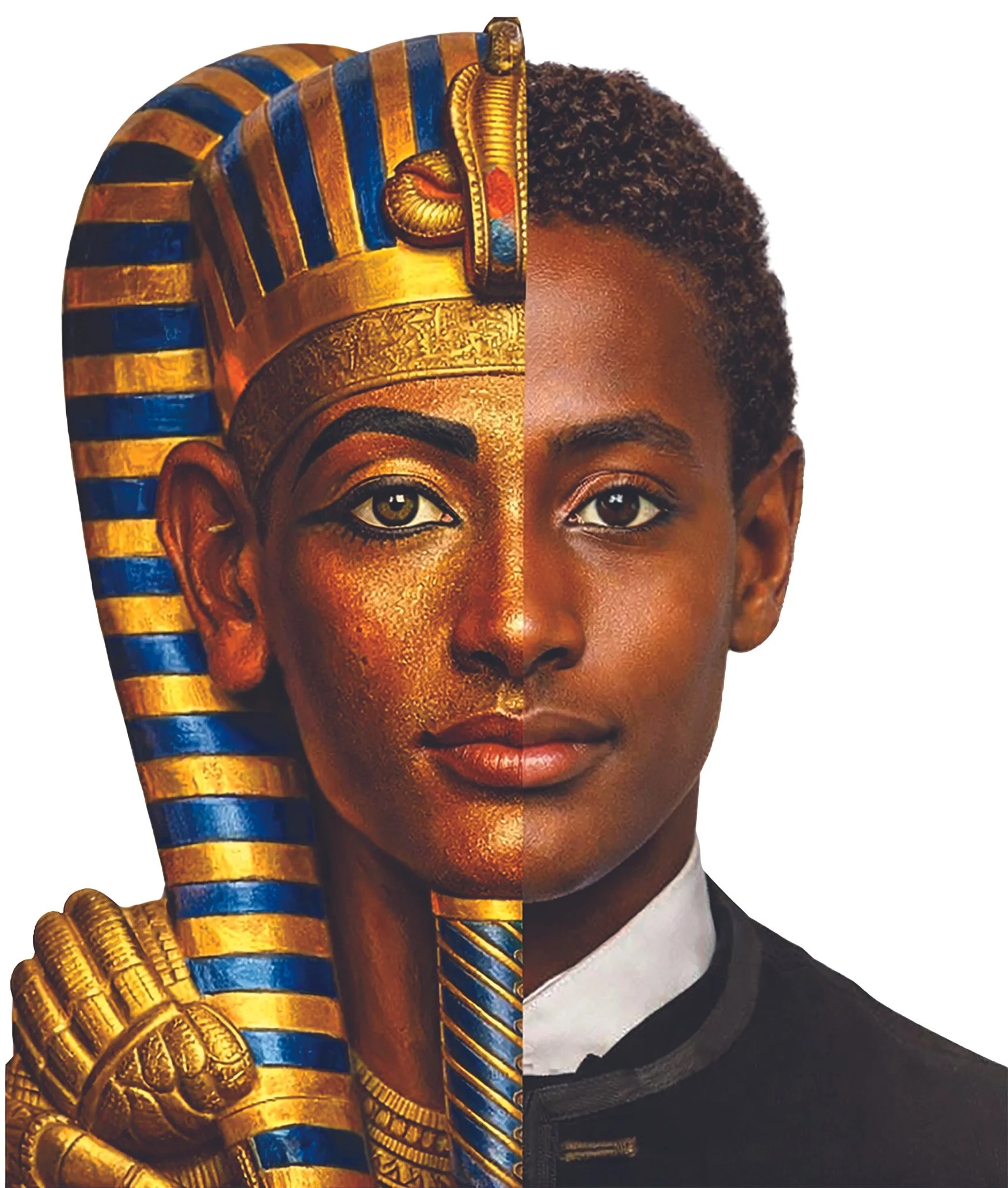 A person dressed as an ancient Egyptian pharaoh, with face half facing forward. The costume includes a colorful striped nemes headdress and gold jewelry, and the person's hair is natural and curly.