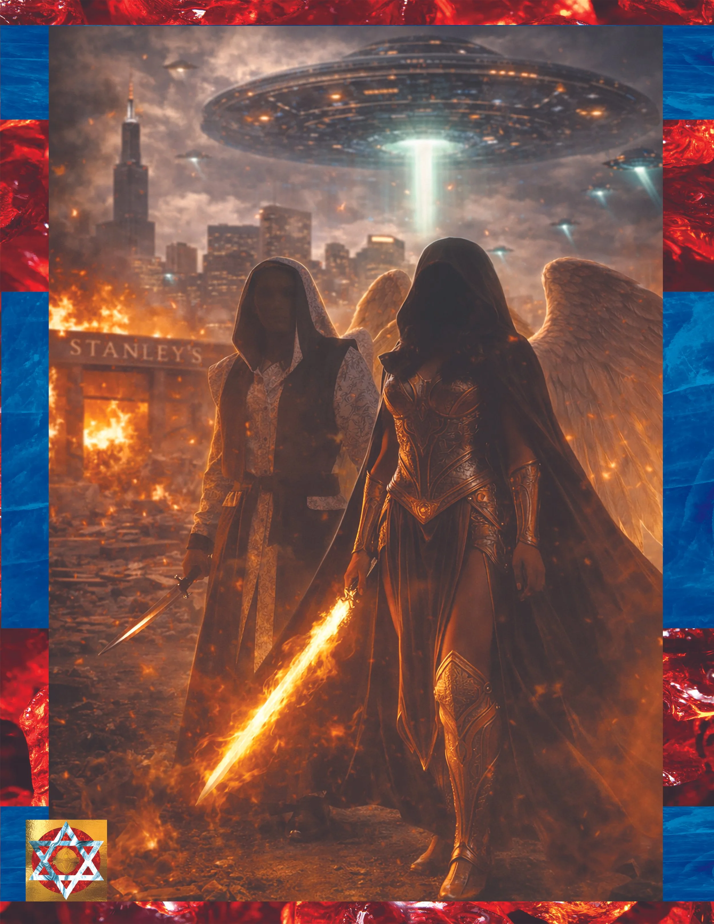 Two figures with angel wings standing in a fiery cityscape, with a large spacecraft in the sky beaming light down to the ground. There is a city skyline with tall buildings and a sign that reads 'Stanley's'.