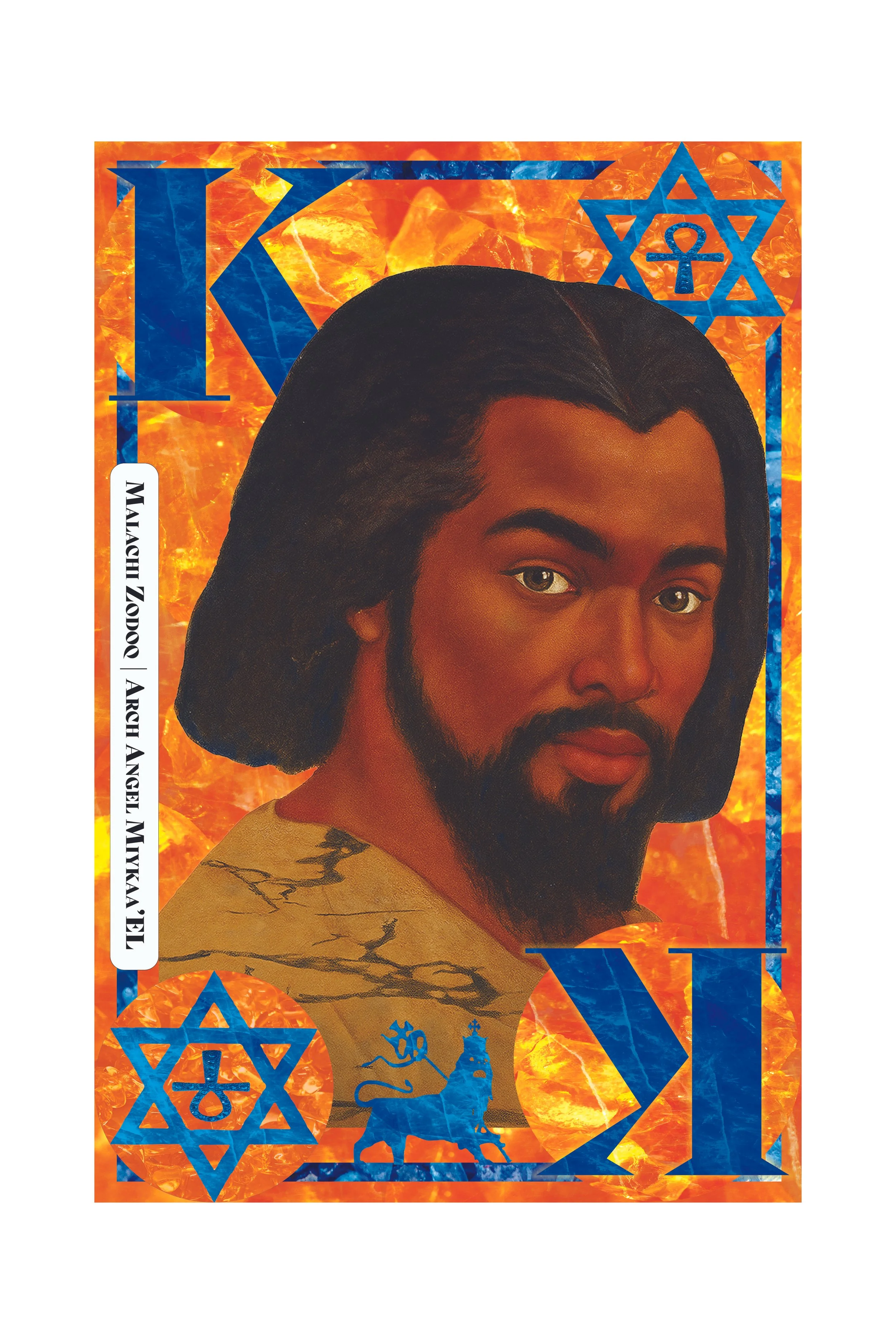 A stylized image of a man with long dark hair and a beard, set against a fiery background with blue star and lightning symbols.