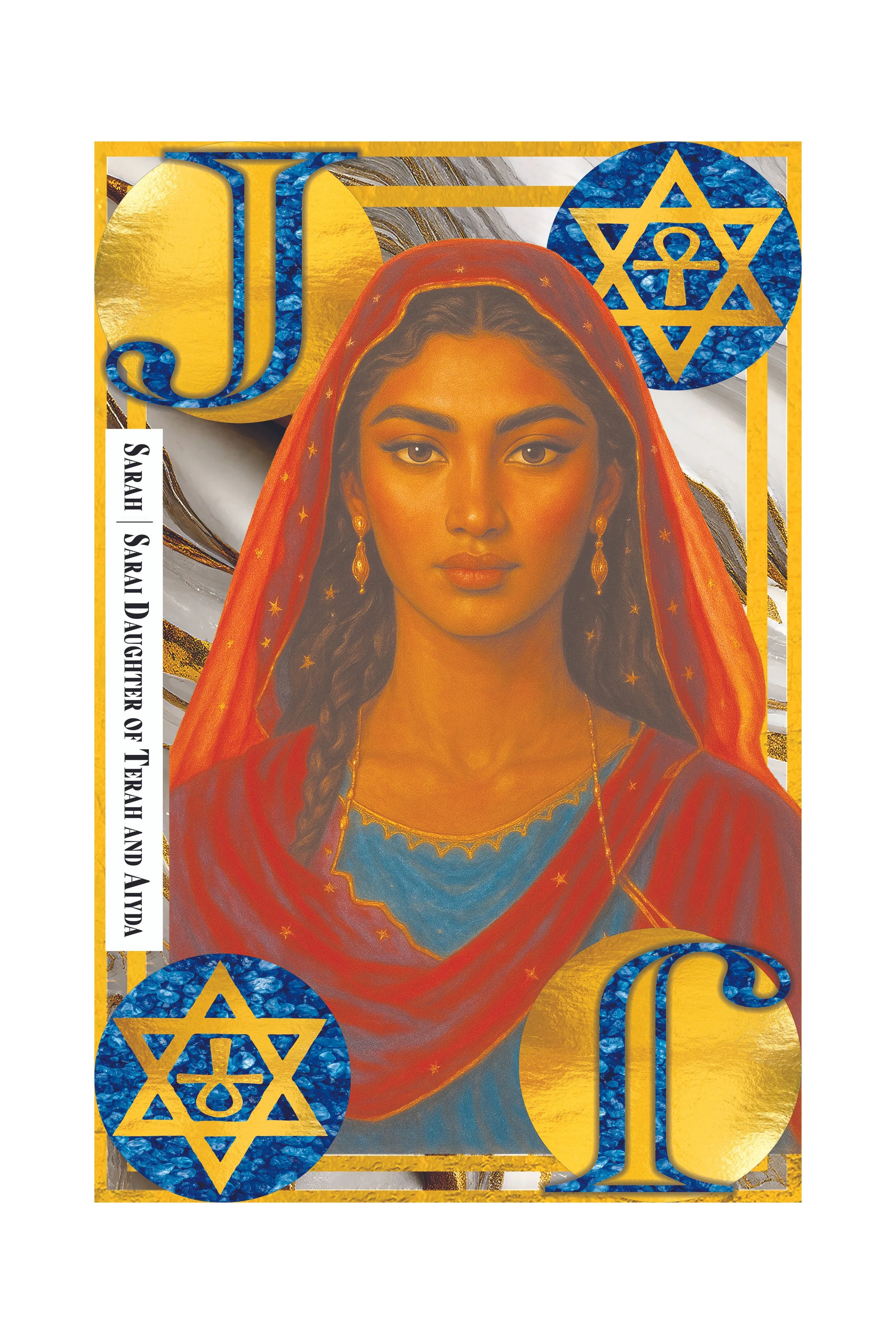A stylized illustration of a woman with dark hair, wearing a red headscarf with gold stars, and blue and gold clothing. The image includes religious and Jewish symbols, such as the Star of David with a chalice inside it, and gold and blue decorative 