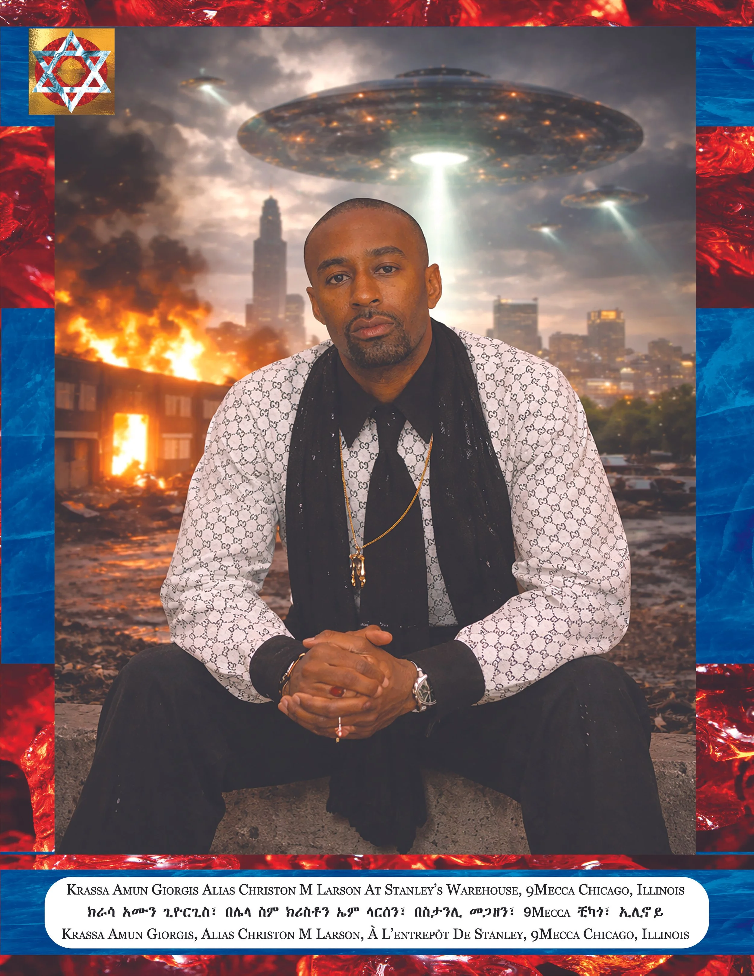 A man with a bald head and beard, wearing a Gucci patterned shirt and black vest, is sitting outdoors with a city skyline in ruins behind him. The sky shows UFOs and lights, with smoke and fire in the background, creating a science fiction scene.
