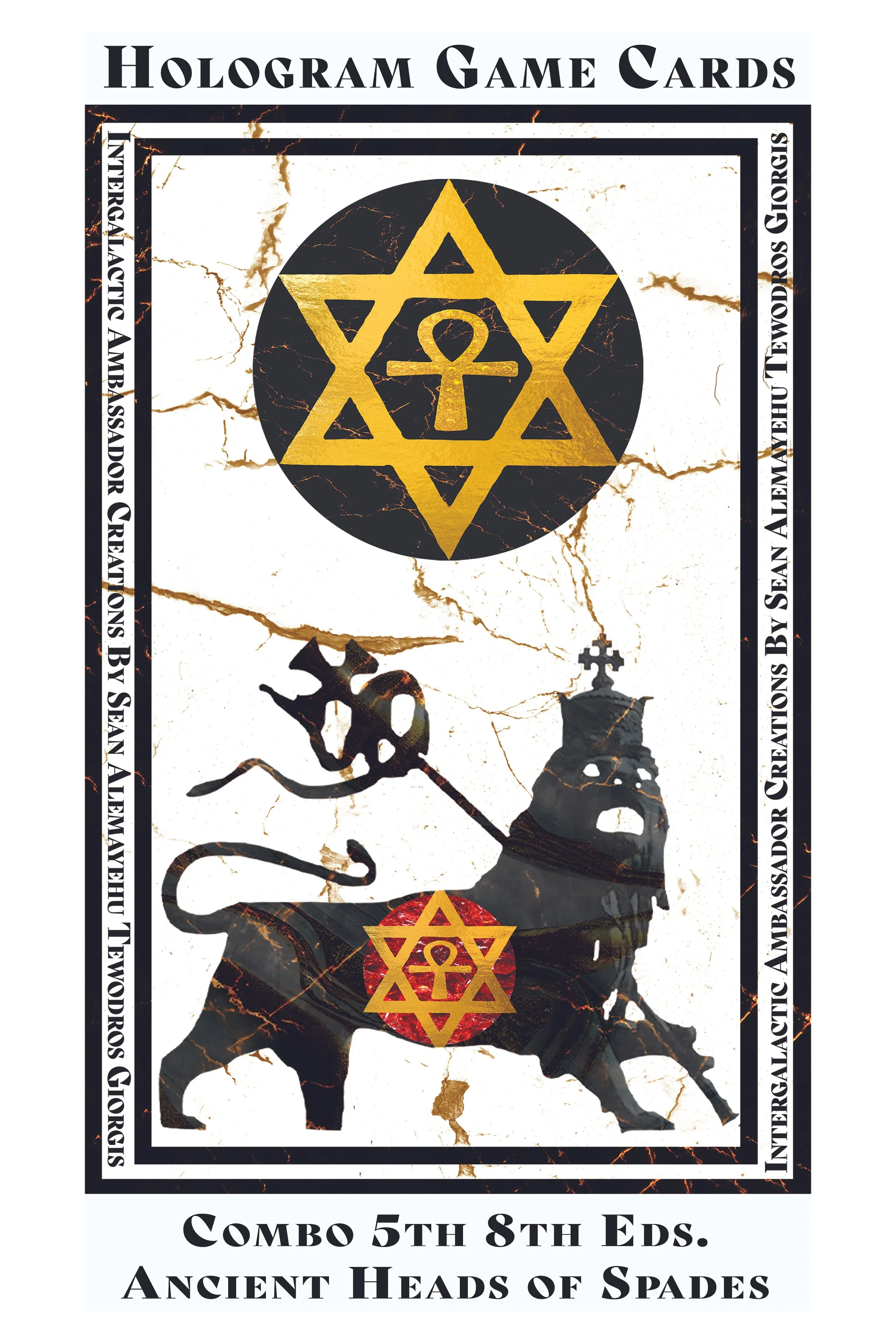 A promotional poster for Hologram Game Cards featuring a black and gold symbol at the top and an illustration of an ancient head of a spade with a unicorn horn on a cracked marble background, with text about a combo release and vintage card sets.